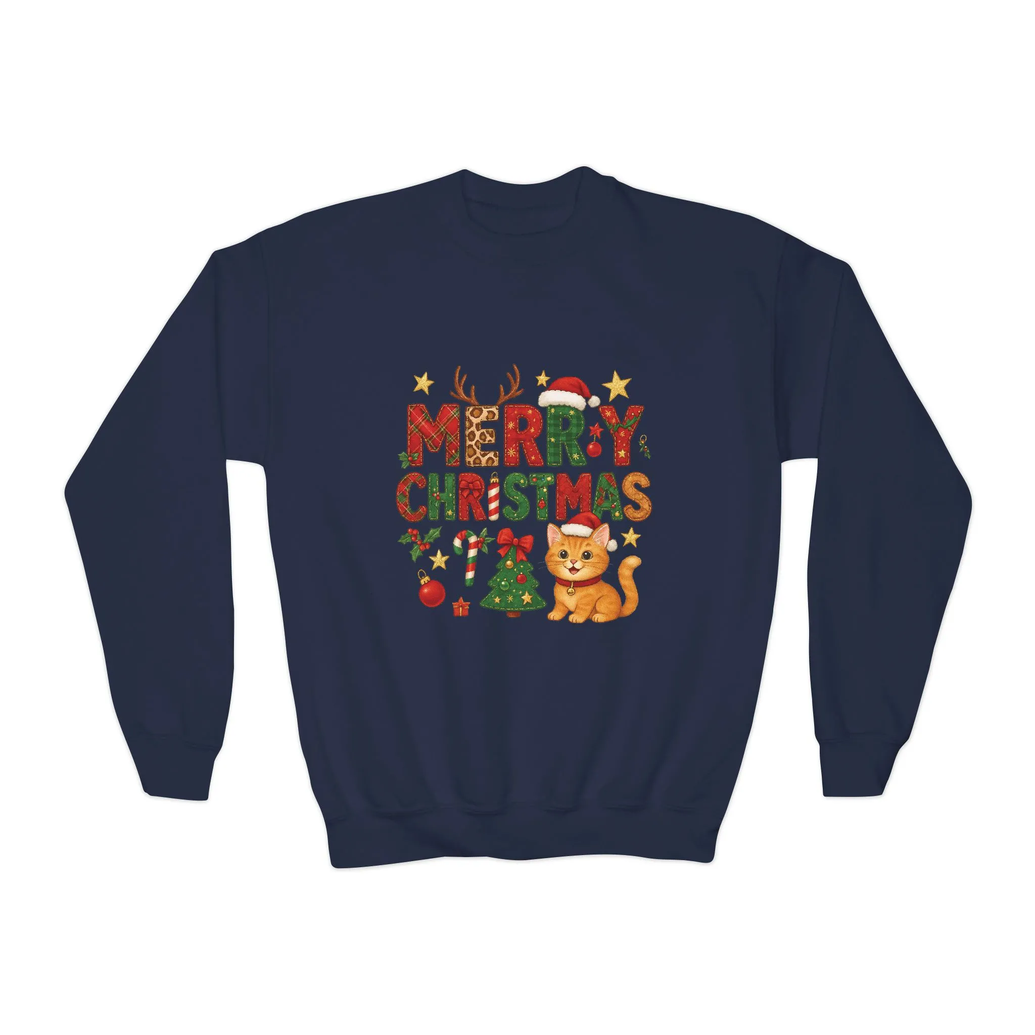 Merry Christmas Cat Sweatshirt for Girls, Cozy Holiday Kitten Jumper, Youth Crewneck Sweatshirt - Image 16