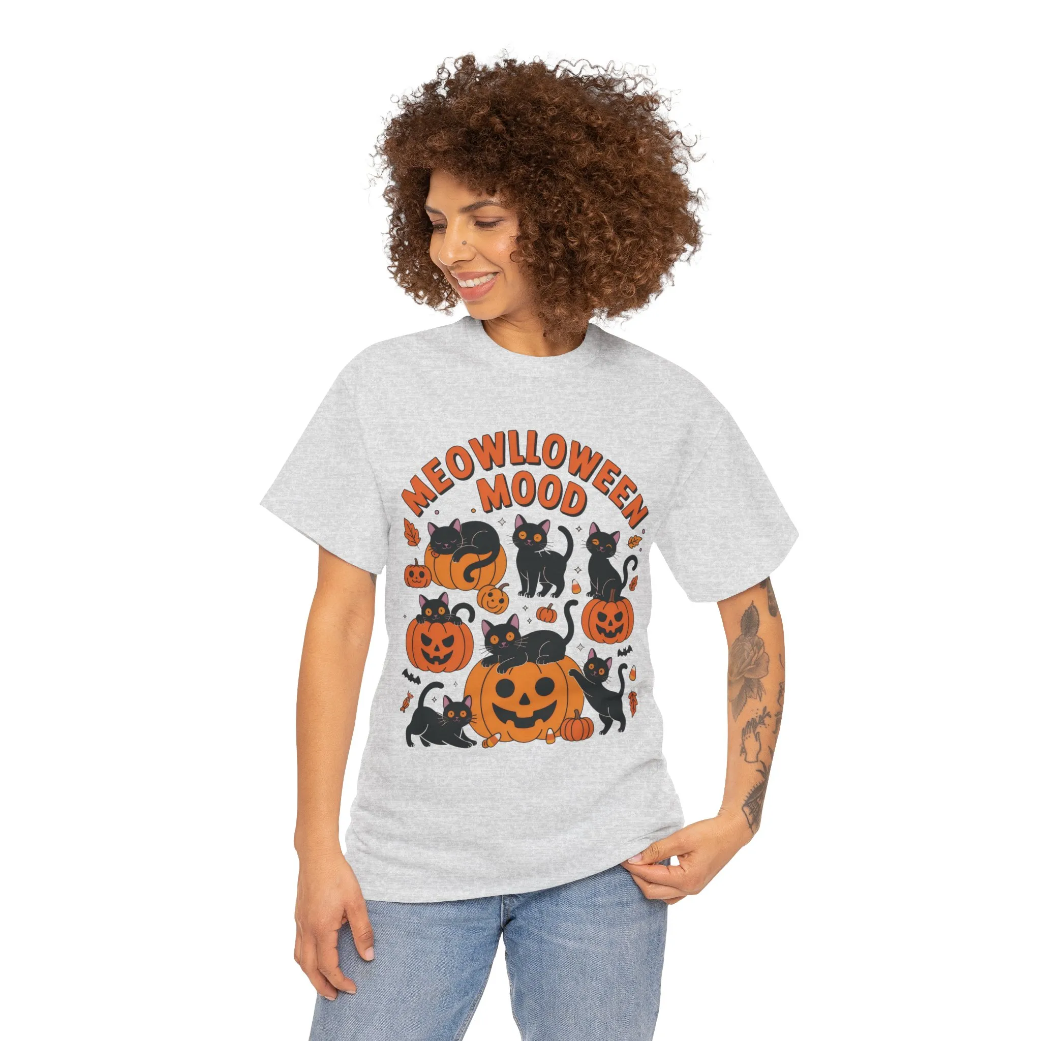 Meowlloween Mood Cat Shirt for Women, Cute Black Cat and Pumpkin Halloween Tee, Cozy Fall Kawaii Spooky Graphic Top, Cat Lover Gift - Image 5