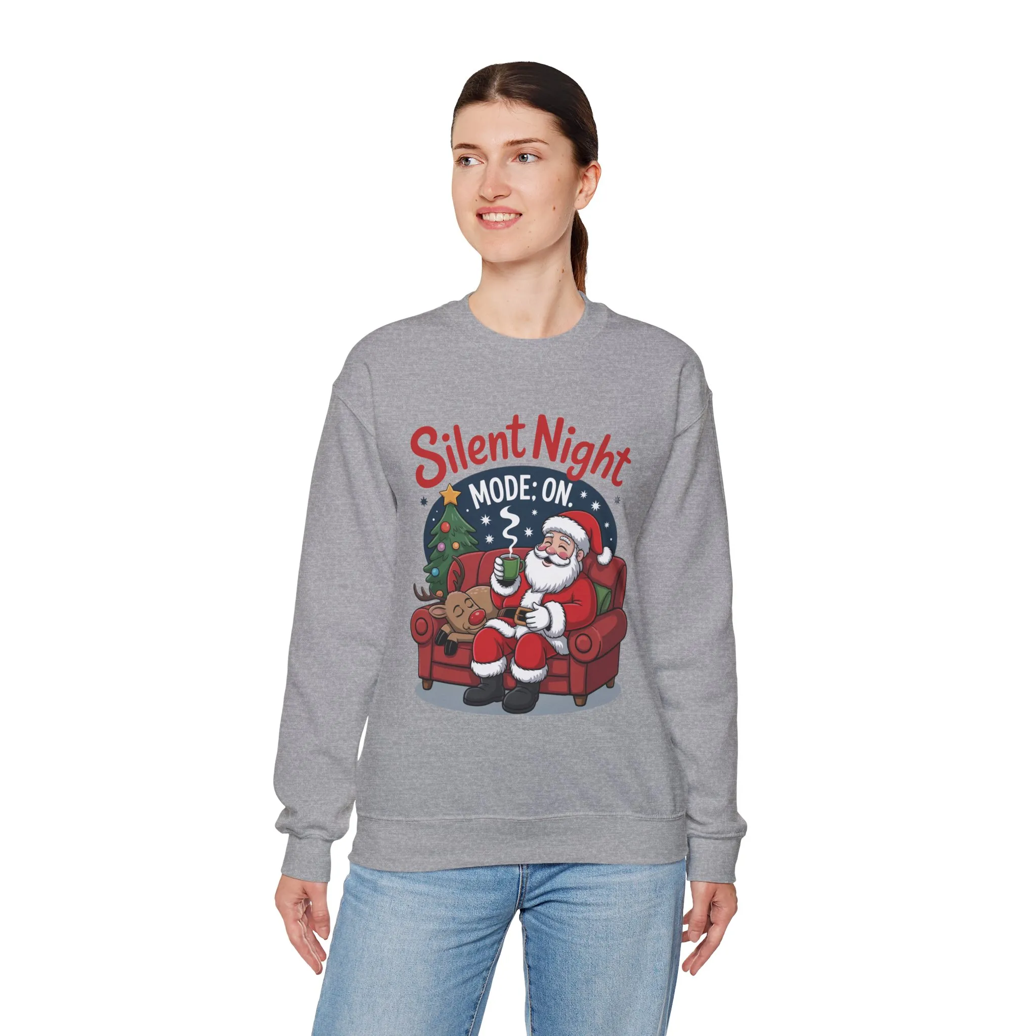 Silent Night Mode On Christmas Sweatshirt, Funny Relaxed Santa - Reindeer Sweater, Cozy Holiday Jumper for Women - Image 12