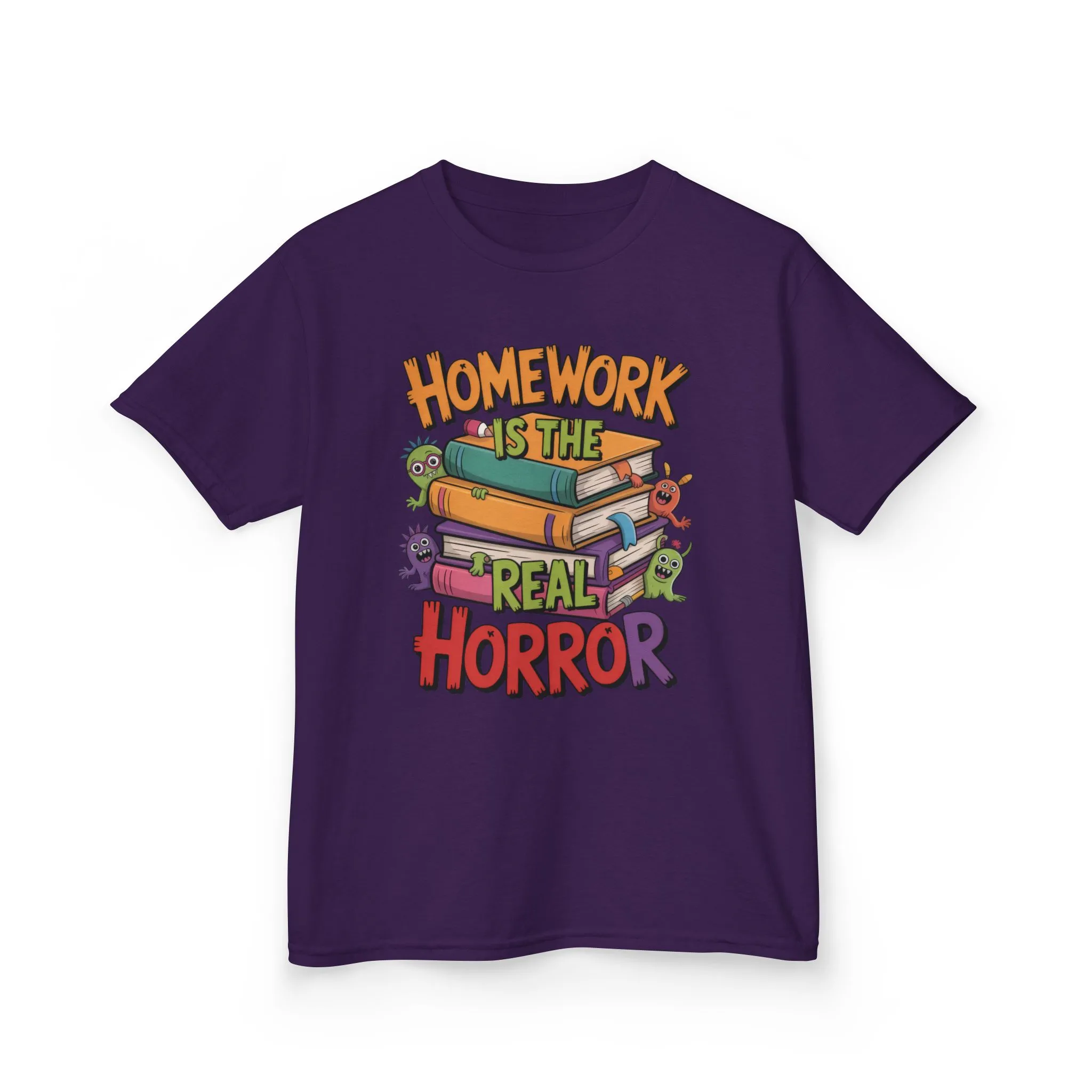 Kids Funny Homework Tee, Cute Monster School Shirt, Homework Is the Real Horror, Back to School Gift for Boys & Girls, Kids Halloween Tee - Image 16