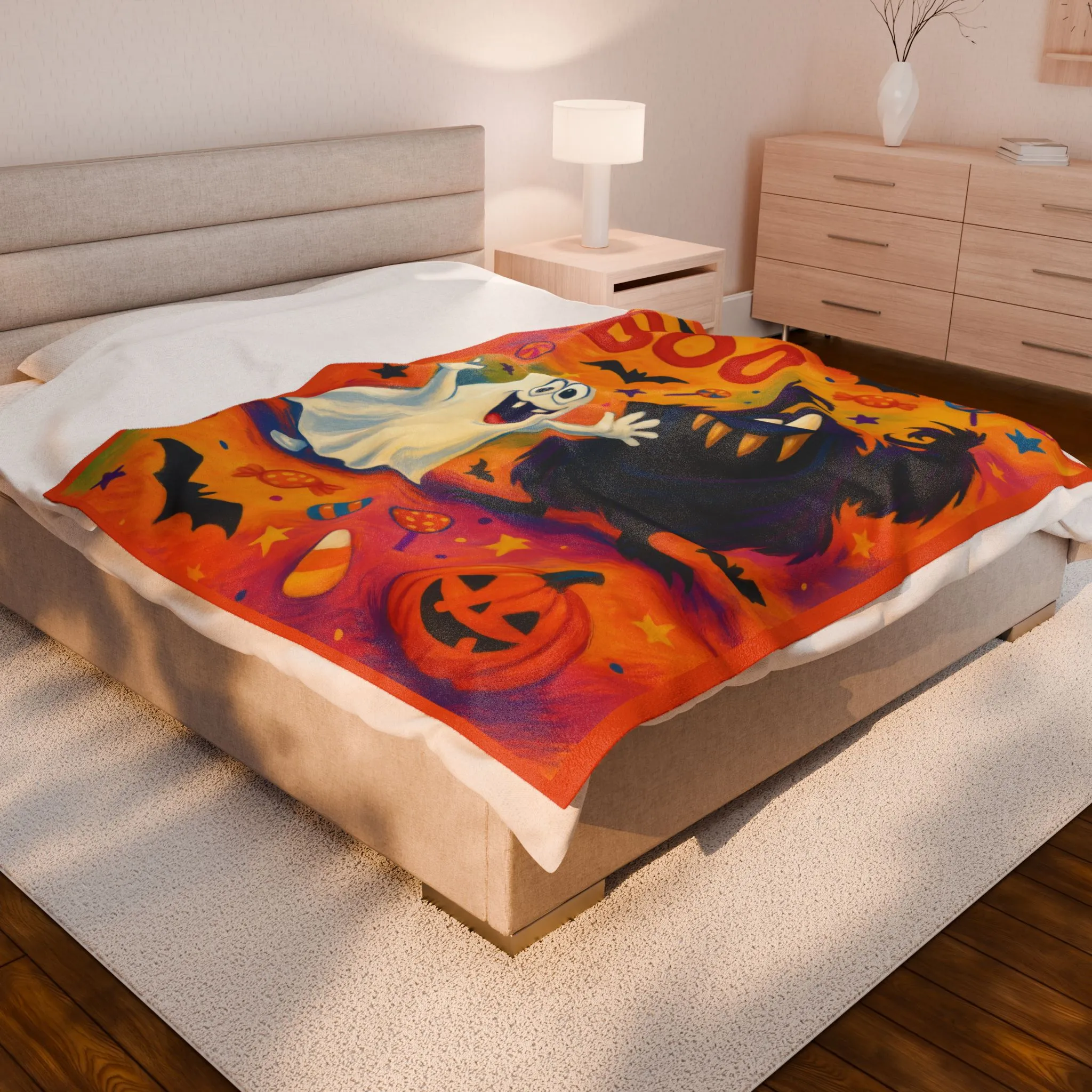 Cute Ghost and Monster Halloween Velveteen Plush Blanket, Fun Kids Throw, Spooky Cute Boo Design, Cozy Fall Blanket Gift - Image 3