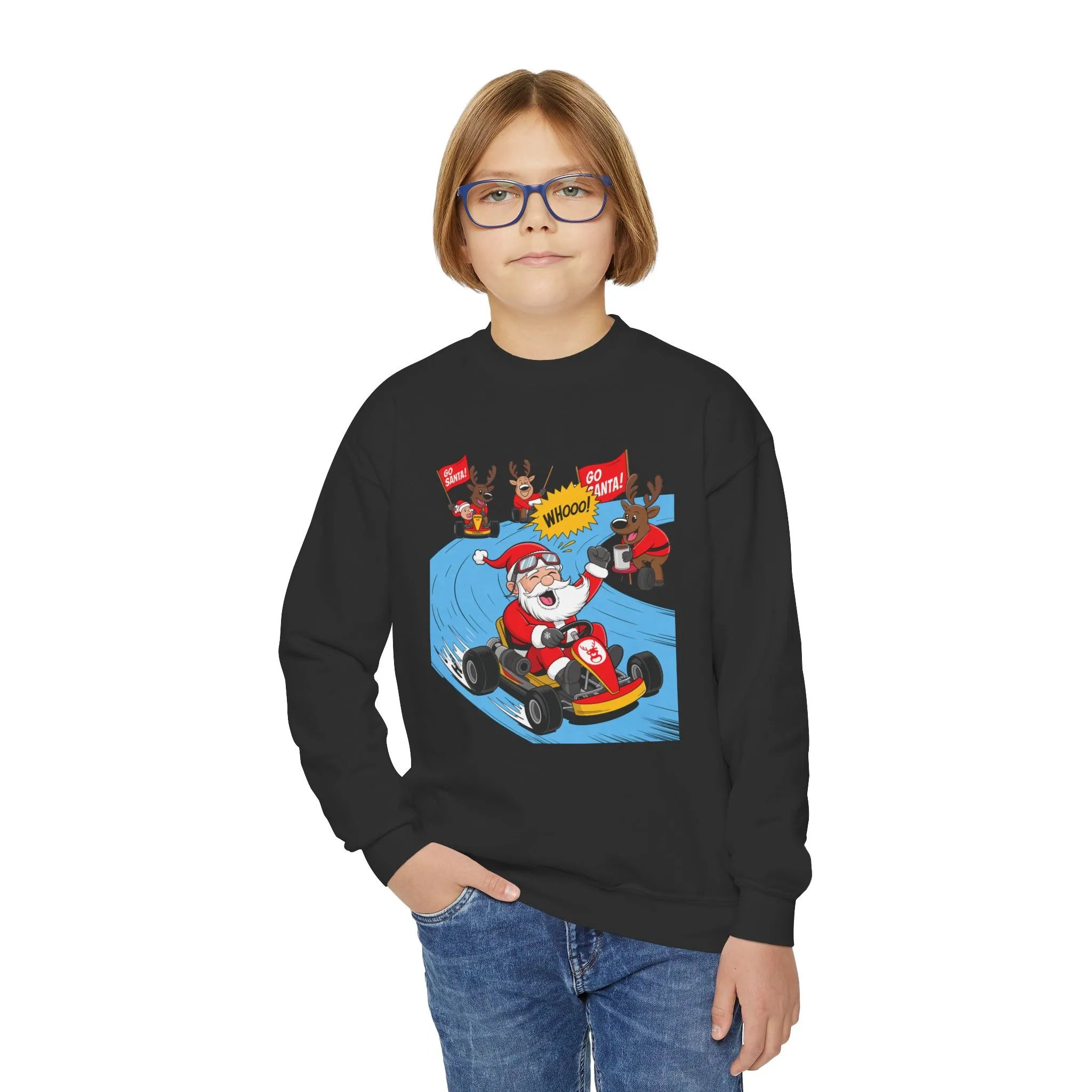 Go Santa Kart Racing Christmas Sweatshirt, Funny Santa - Reindeer Holiday Sweatshirt for Kids, Cute Christmas Jumper, Youth Xmas Gift - Image 5