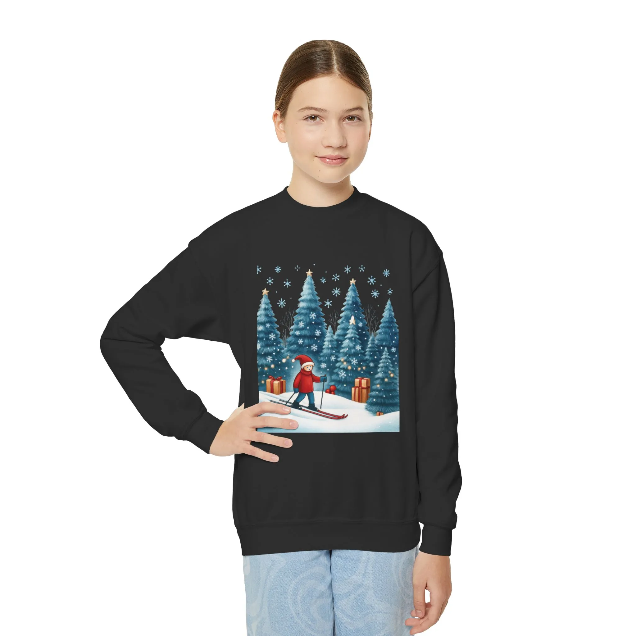 Kids Christmas Skiing Sweatshirt, Cute Holiday Winter Pullover, Youth Crewneck Sweatshirt - Image 4