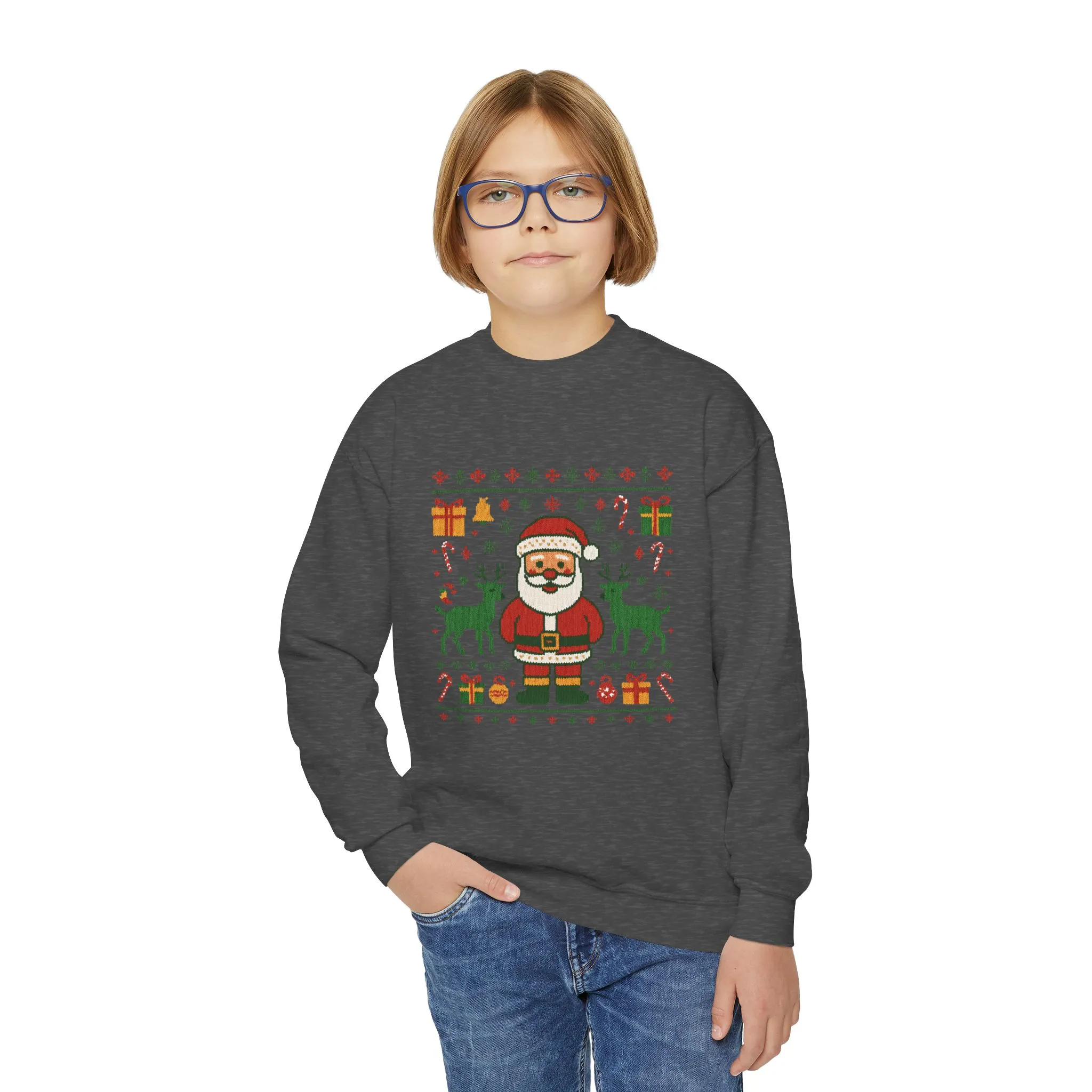 Kids Santa Christmas Shirt, Cute Knit Pattern Holiday Sweatshirt, Youth Crewneck Sweatshirt - Image 15