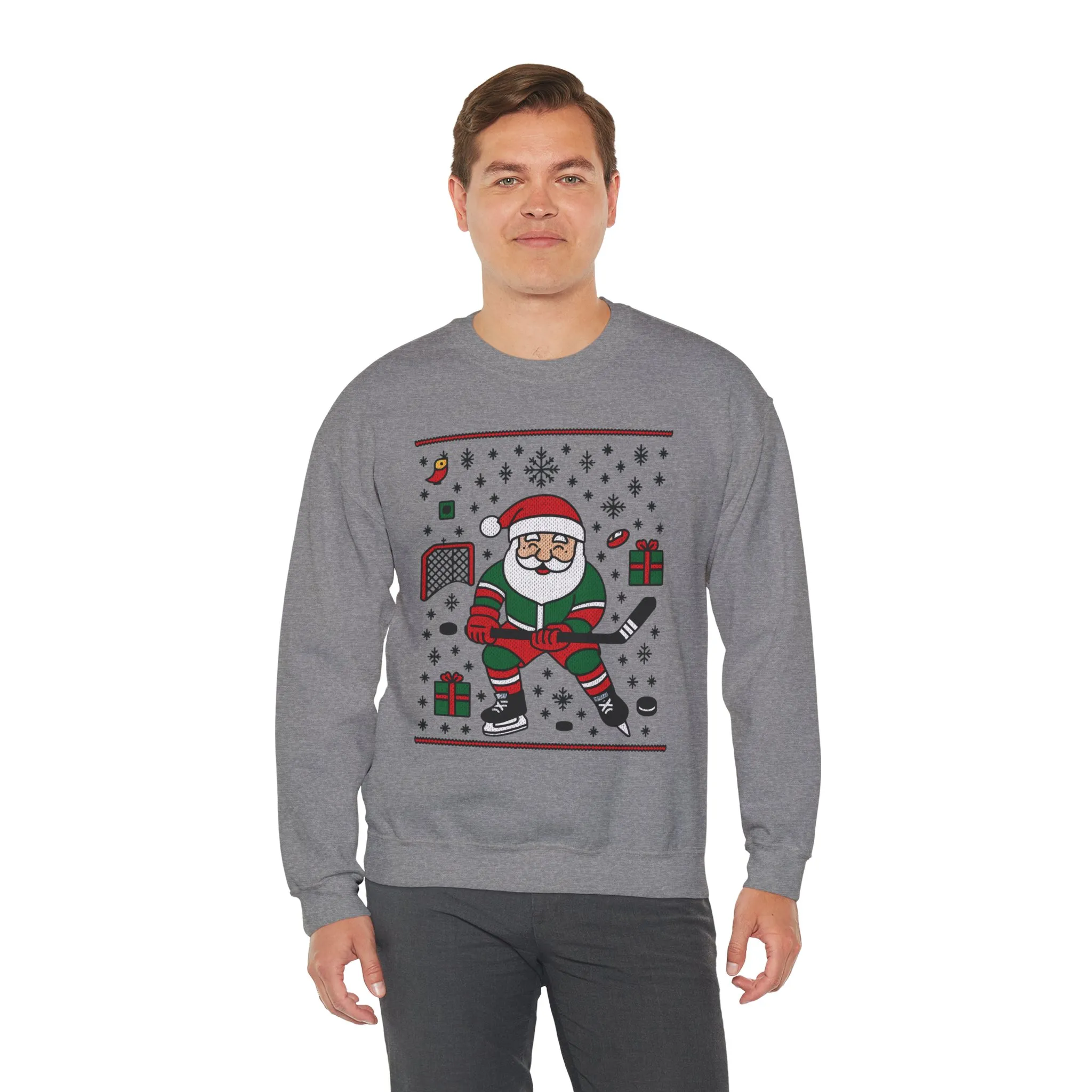 Hockey Santa Men's Christmas Sweatshirt, Funny Sports Holiday Jumper - Image 12