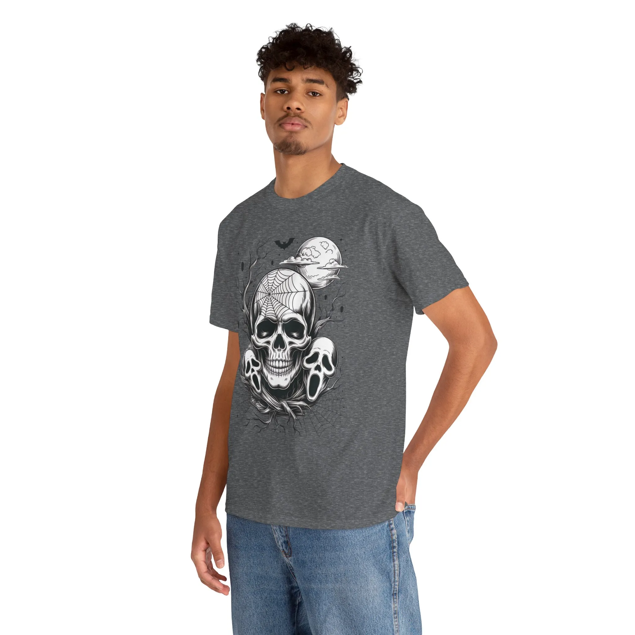 Men's Gothic Skull T-Shirt, Halloween Graphic Tee, Spider Web Moon Horror Shirt, Spooky Skull Graphic Top for Him - Image 15