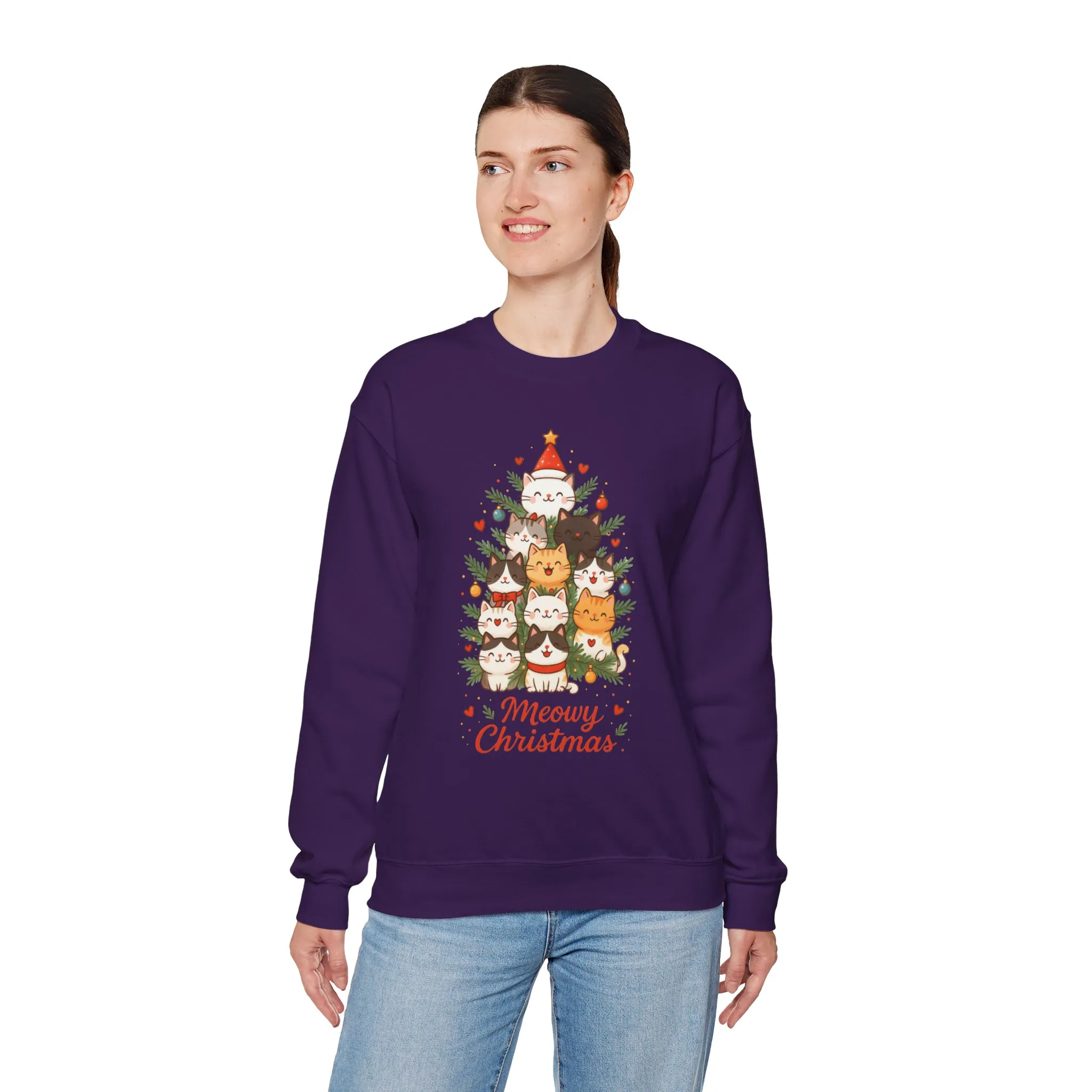 Women's Meowy Christmas Cat Sweatshirt, Cute Holiday Kitty Pullover - Image 24