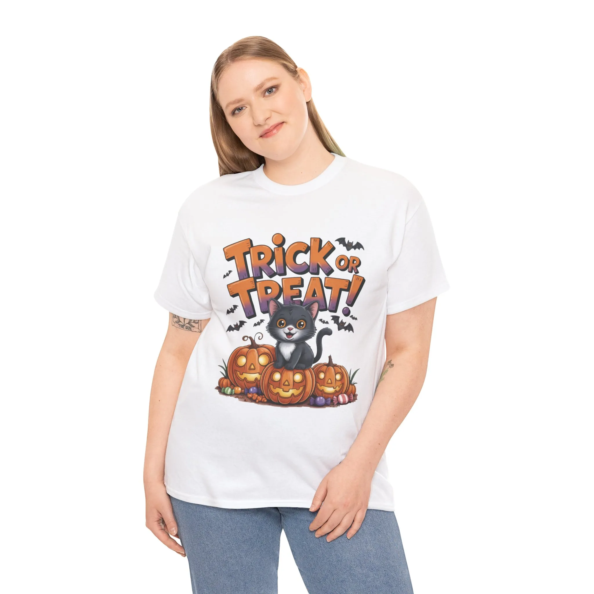 Cute Black Cat Trick or Treat Halloween T-Shirt for Women, Funny Pumpkin Cat Tee, Spooky Fall Shirt, Matching Family Halloween Shirts - Image 6
