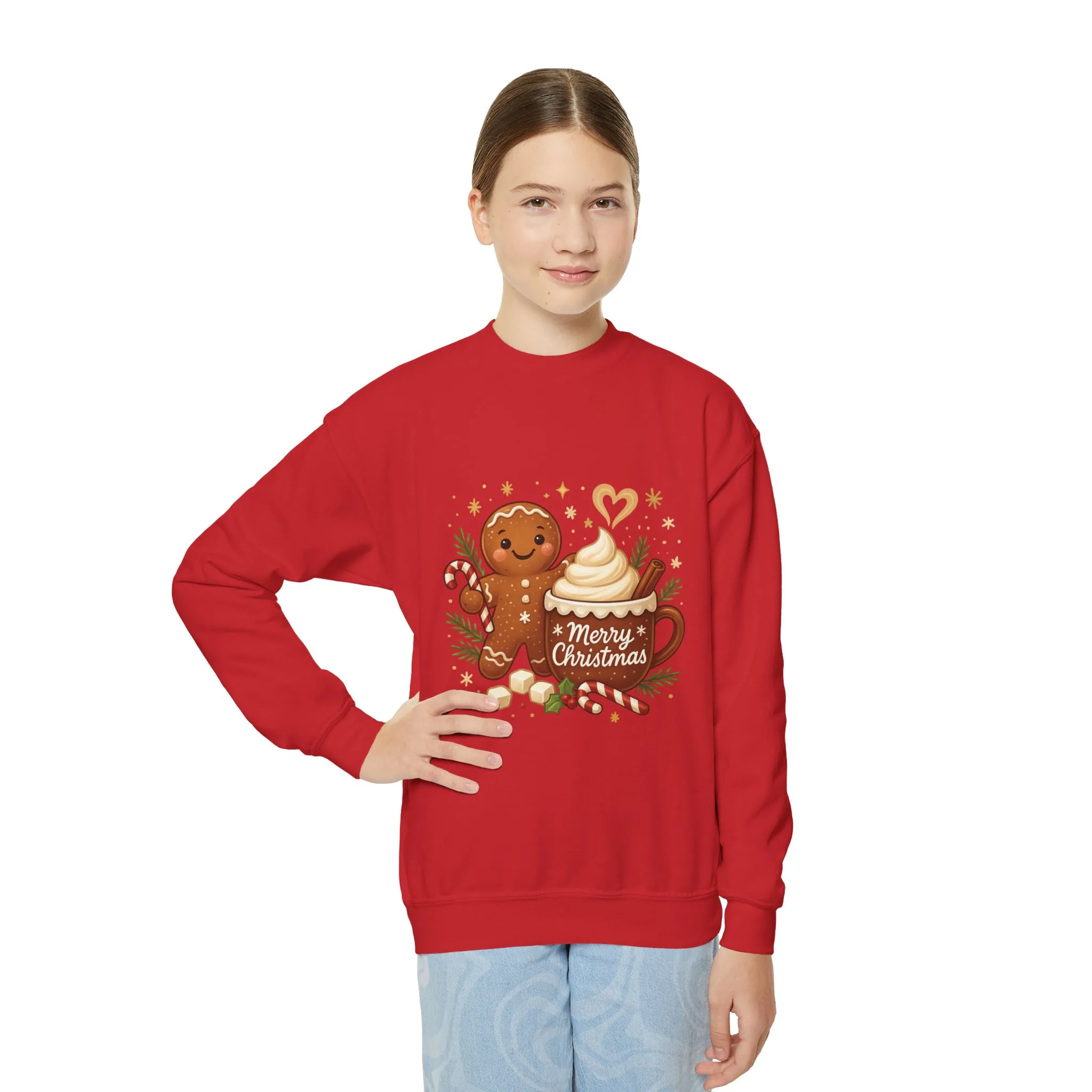 Gingerbread - Hot Cocoa Christmas Sweatshirt for Girls, Cozy Holiday Jumper, Youth Crewneck Sweatshirt