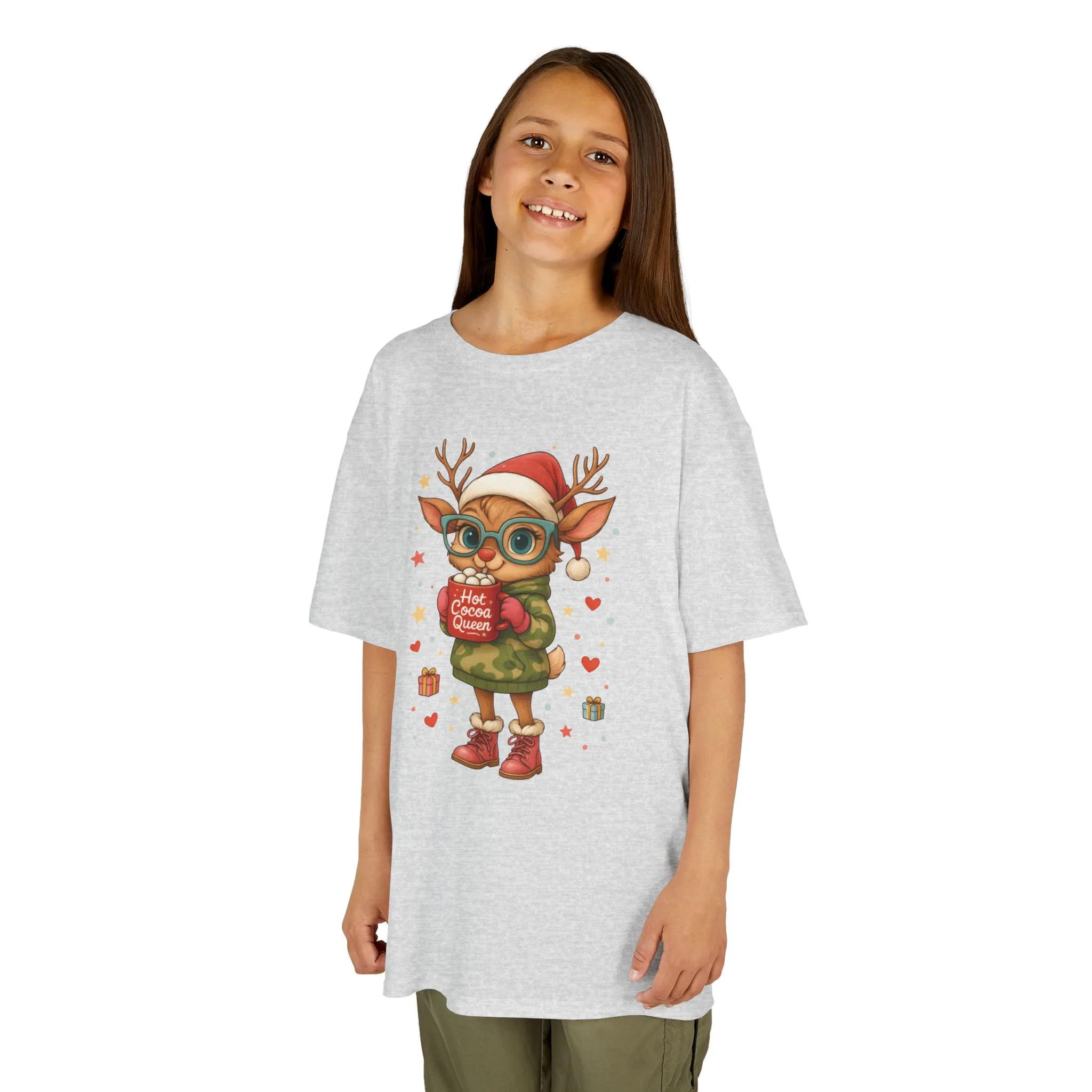 Hot Cocoa Queen Christmas T-Shirt for Girls, Cute Holiday Reindeer Tee - Image 6