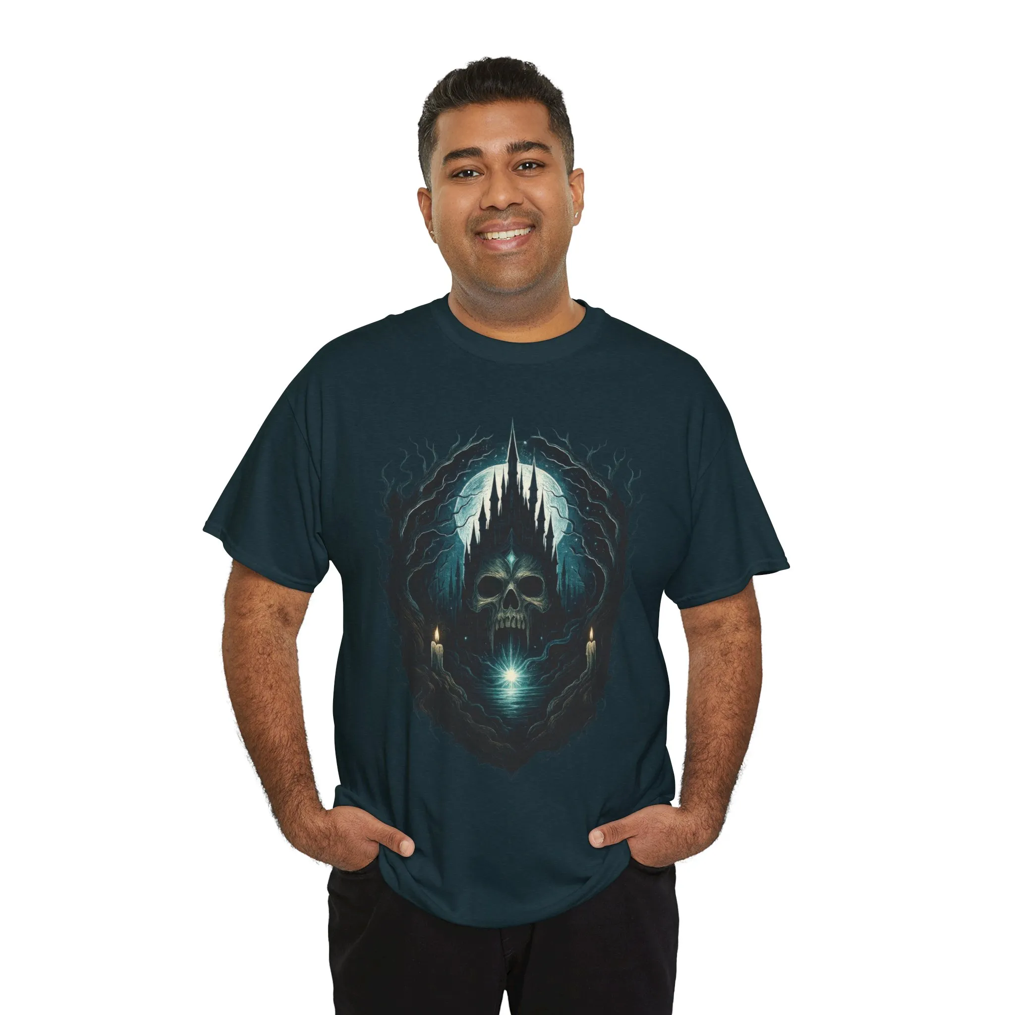 Gothic Skull Castle Men's T-Shirt, Dark Horror Haunted Night Graphic Tee, Halloween Shirt - Image 9
