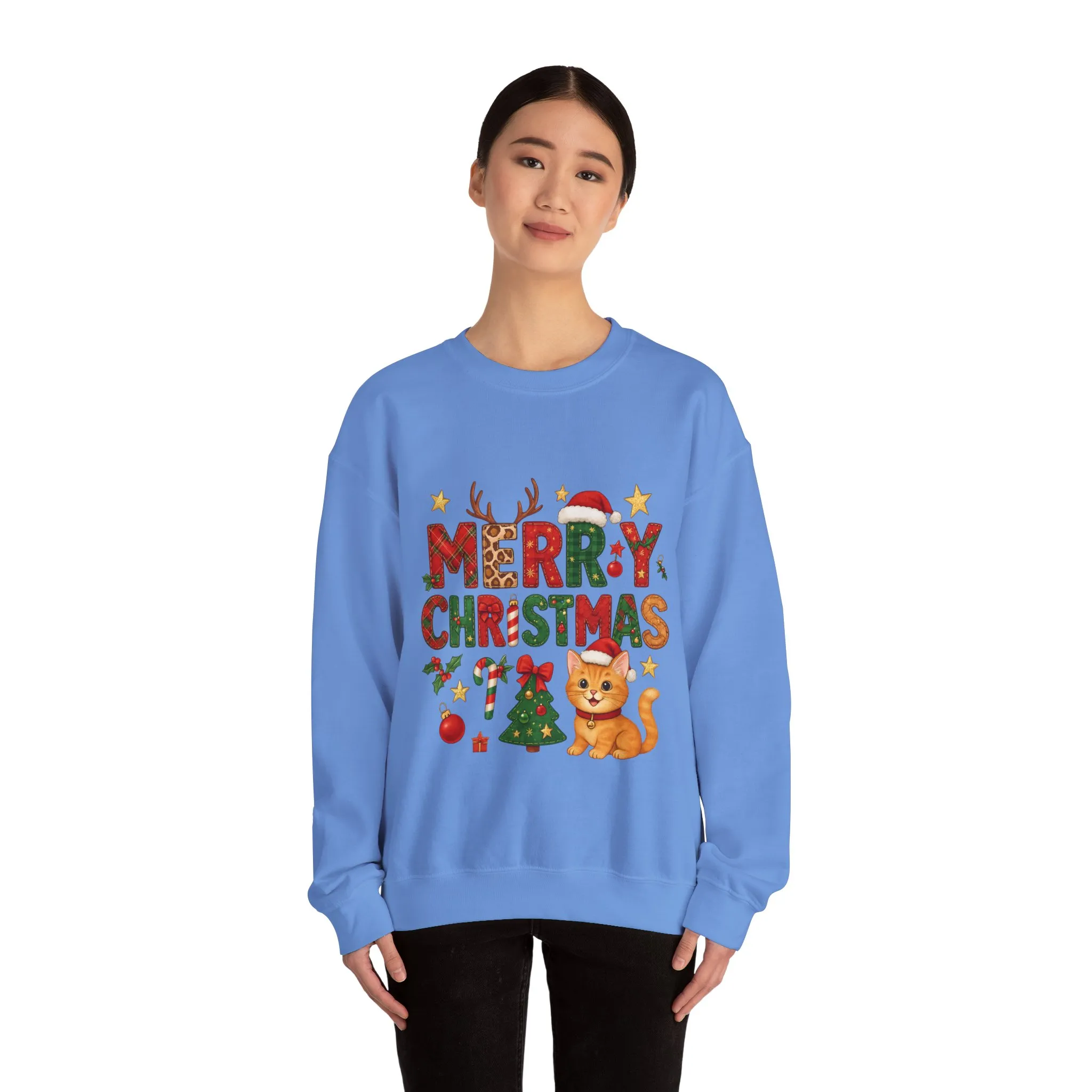 Women's Merry Christmas Cat Sweatshirt, Cozy Holiday Cat Lover Pullover, Women's Heavy Blend™ Crewneck Sweatshirt - Image 8