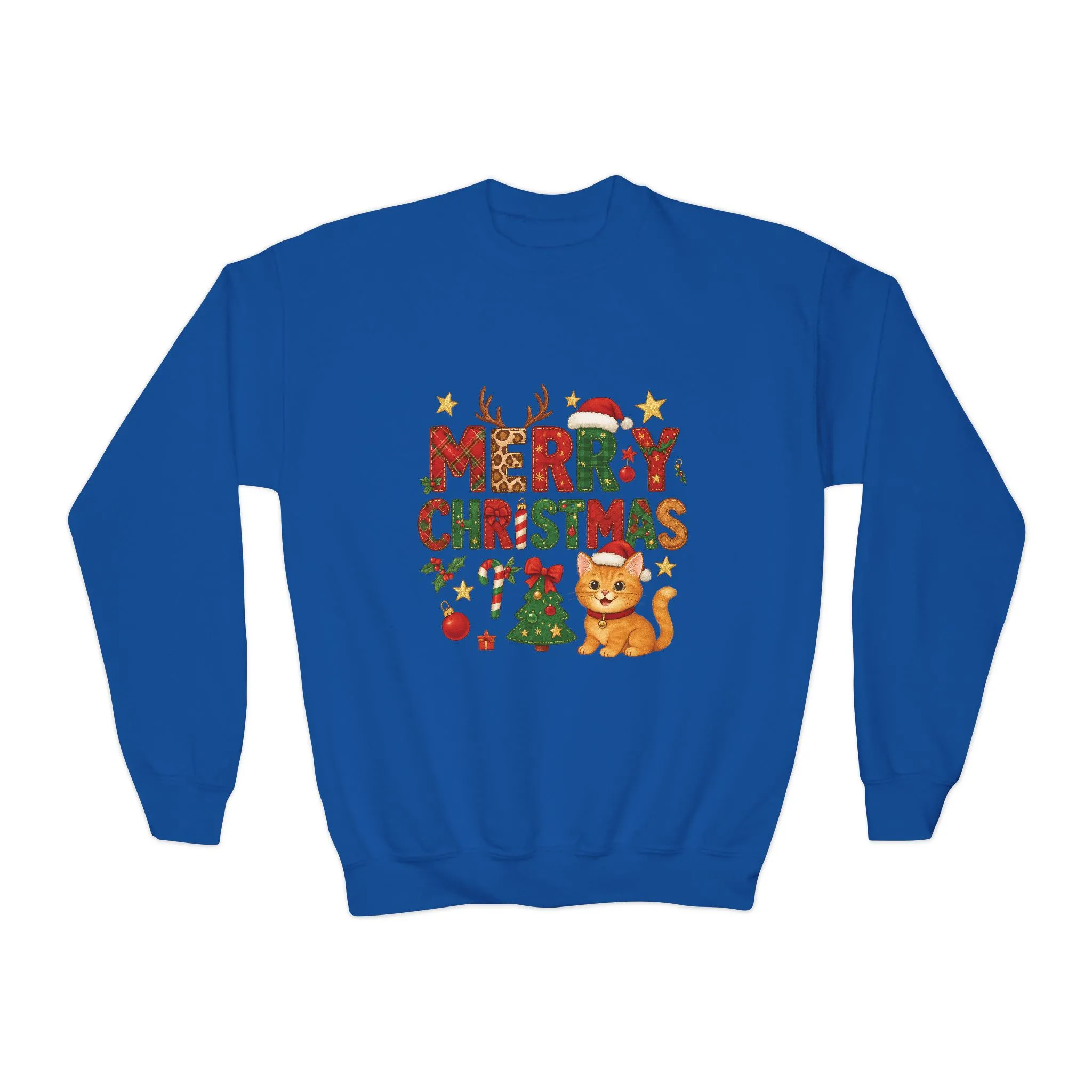 Merry Christmas Cat Sweatshirt for Girls, Cozy Holiday Kitten Jumper, Youth Crewneck Sweatshirt - Image 13
