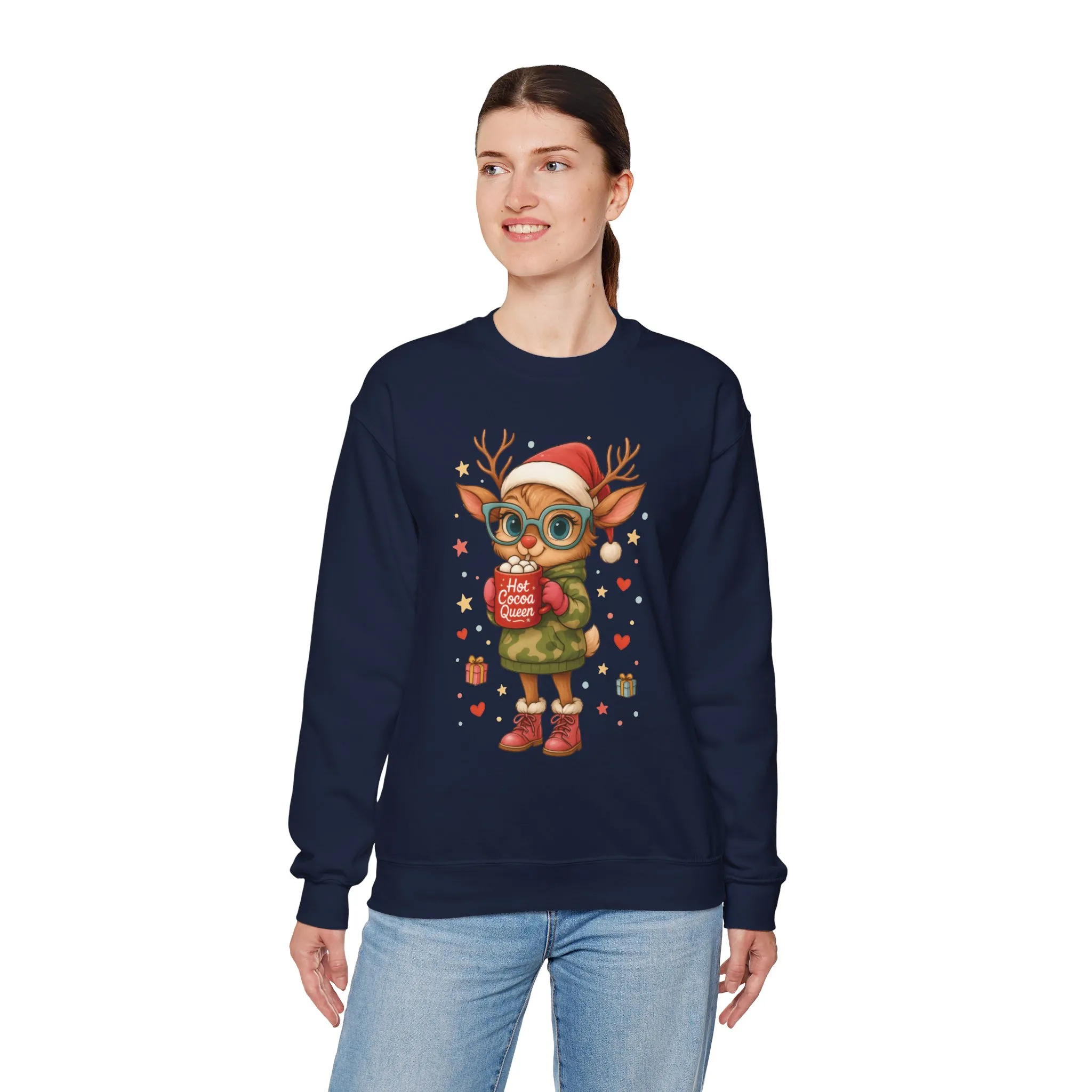 Hot Cocoa Queen Christmas Women's Sweatshirt, Cute Cozy Holiday Reindeer Pullover