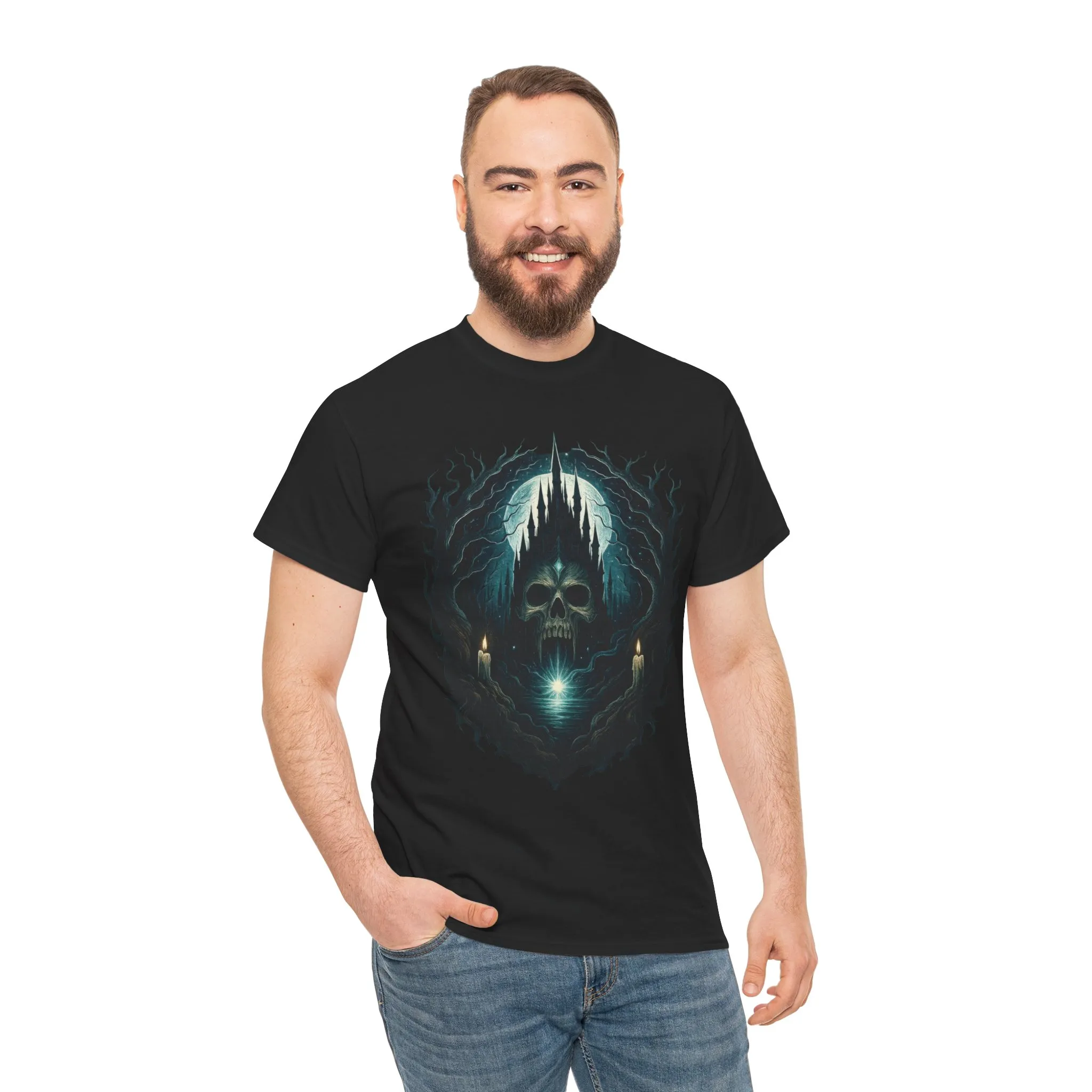 Gothic Skull Castle Men's T-Shirt, Dark Horror Haunted Night Graphic Tee, Halloween Shirt - Image 5