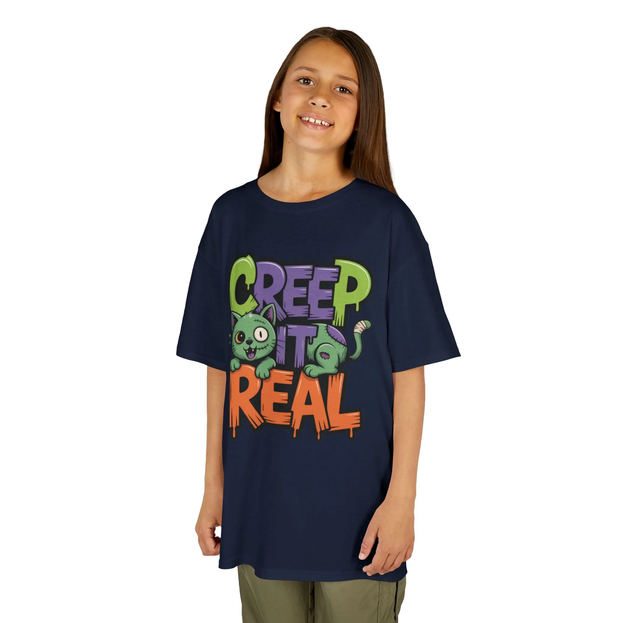 Creep It Real Kids Halloween Shirt, Cute Zombie Cat Graffiti Style T-Shirt for Boys & Girls - Image 17