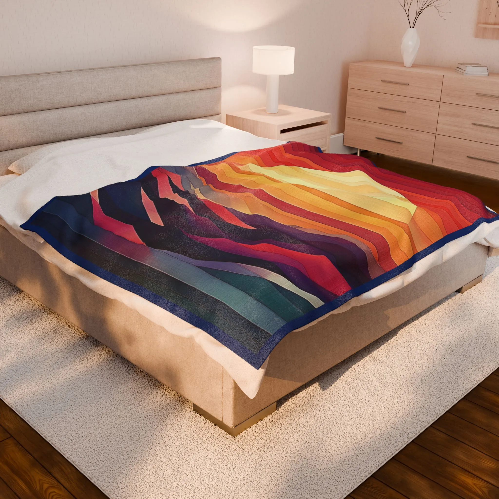 Abstract Sunset Mountain Velveteen Plush Blanket, Geometric Boho Landscape Throw Blanket, Warm Cozy Modern Art Home Decor Gift - Image 3