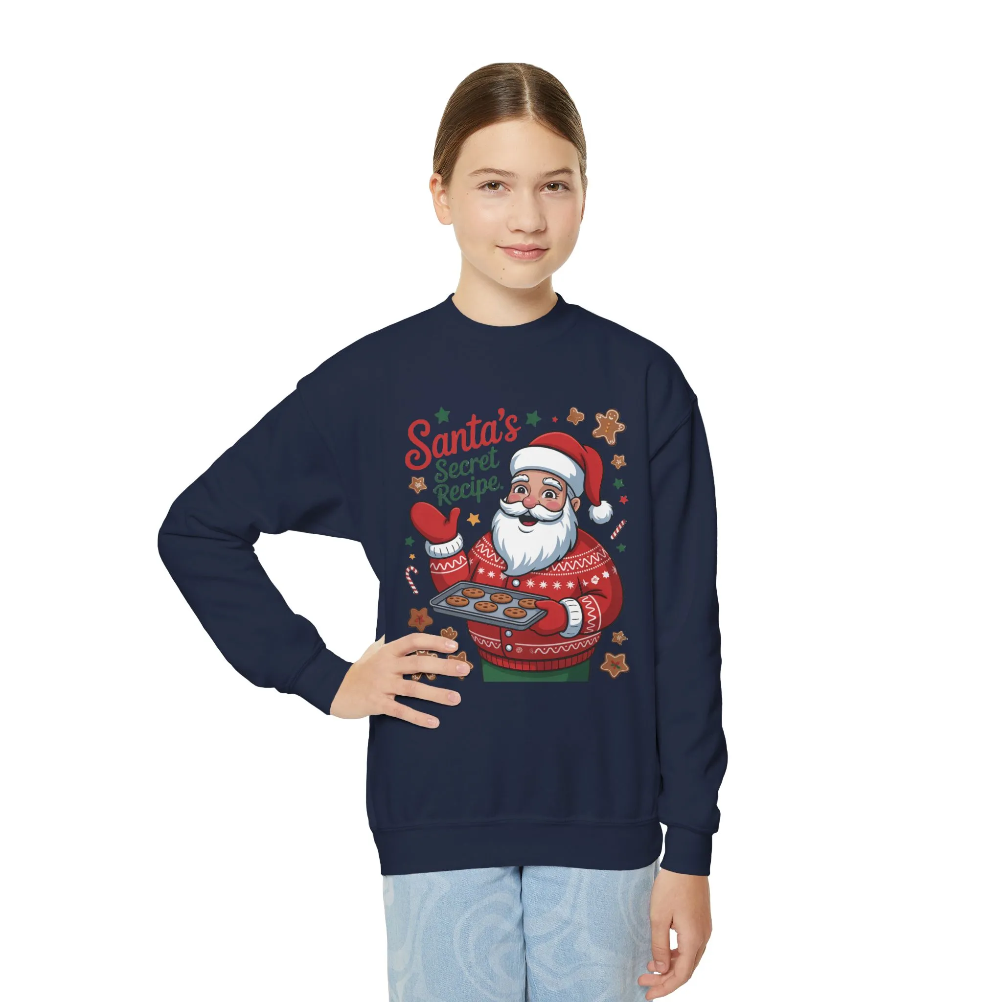 Kids Santa's Secret Recipe Christmas Sweatshirt, Cute Holiday Baking Jumper, Gingerbread Cookie Santa Sweater for Girls - Image 14