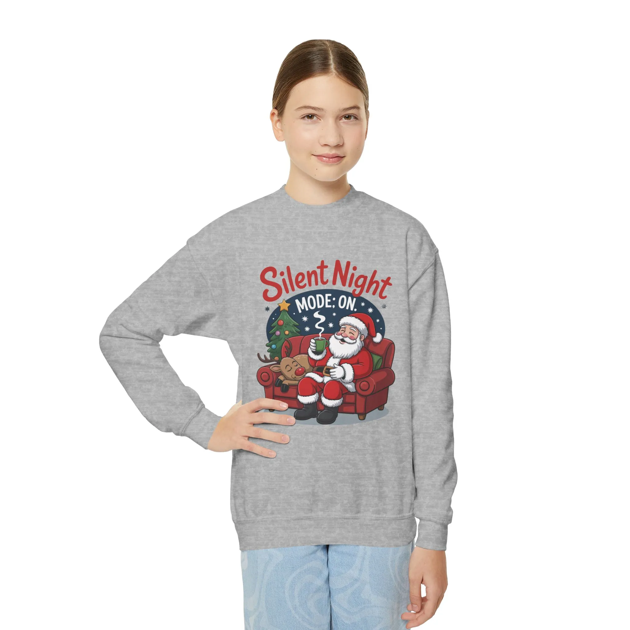 Kids Silent Night Mode On Christmas Sweatshirt, Cute Santa - Reindeer Holiday Jumper, Funny Cozy Christmas Sweater for Youth - Image 12