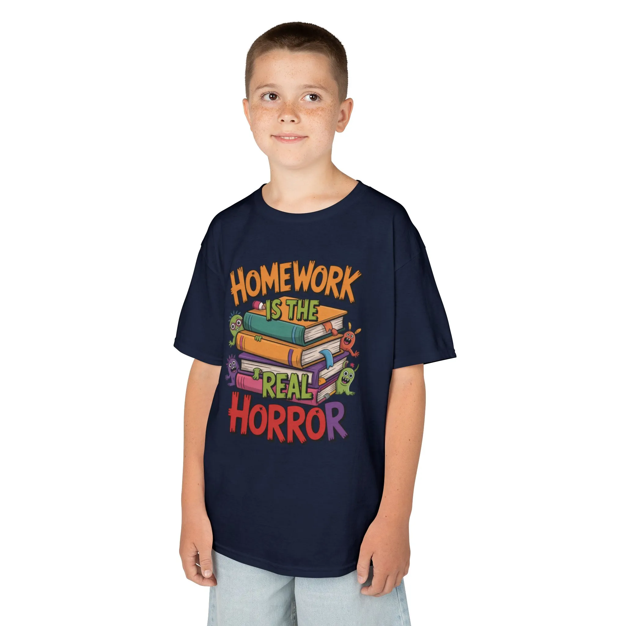 Kids Funny Homework Tee, Cute Monster School Shirt, Homework Is the Real Horror, Back to School Gift for Boys & Girls, Kids Halloween Tee - Image 15