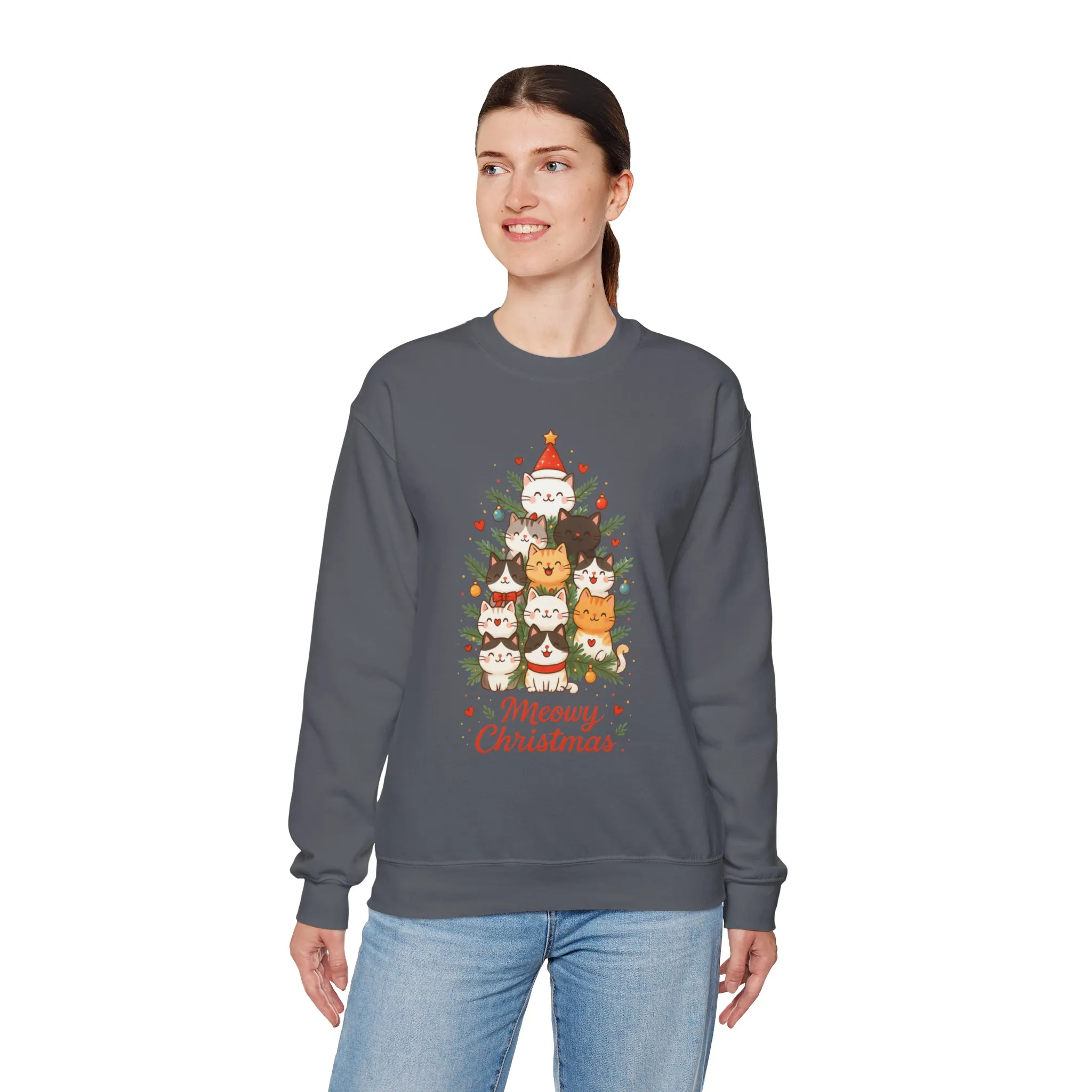 Women's Meowy Christmas Cat Sweatshirt, Cute Holiday Kitty Pullover - Image 15