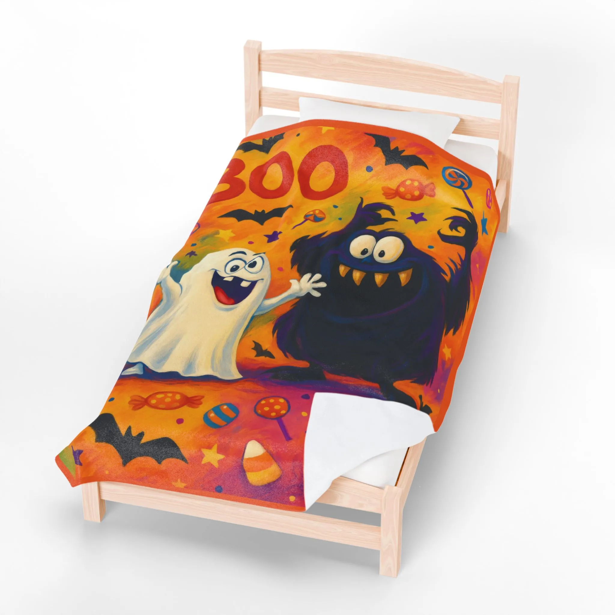 Cute Ghost and Monster Halloween Velveteen Plush Blanket, Fun Kids Throw, Spooky Cute Boo Design, Cozy Fall Blanket Gift - Image 5