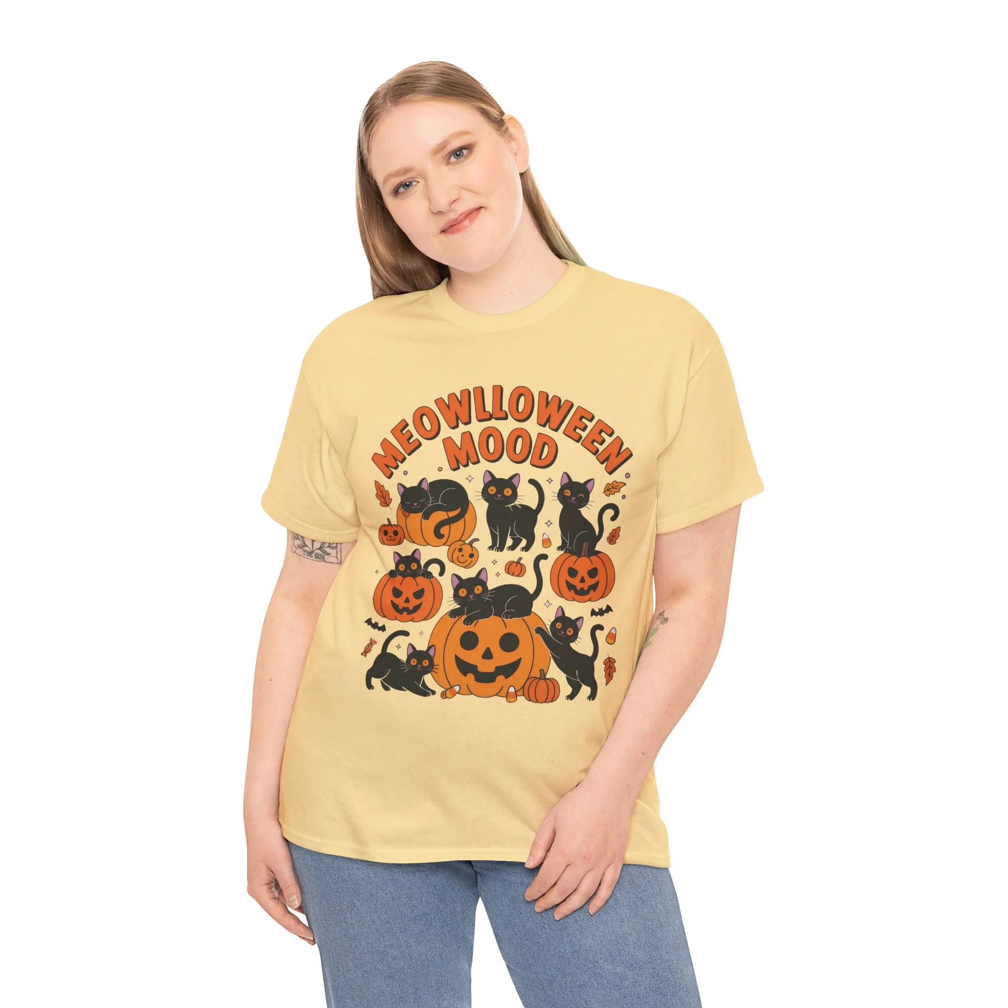 Meowlloween Mood Cat Shirt for Women, Cute Black Cat and Pumpkin Halloween Tee, Cozy Fall Kawaii Spooky Graphic Top, Cat Lover Gift - Image 3
