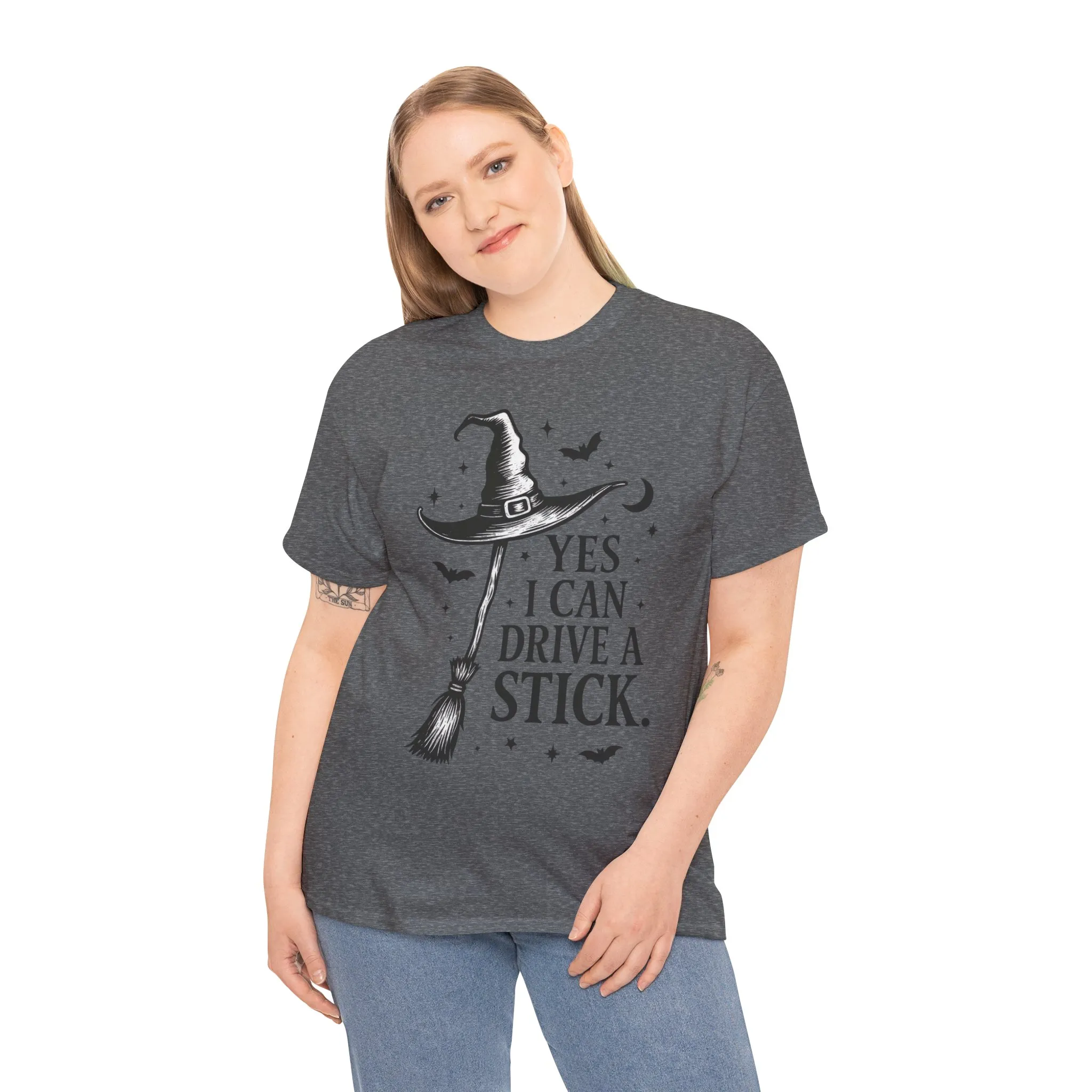 Yes I Can Drive a Stick Witch Hat Broom Halloween Women's T-Shirt, Funny Spooky Graphic Tee, Witch Shirt - Image 12