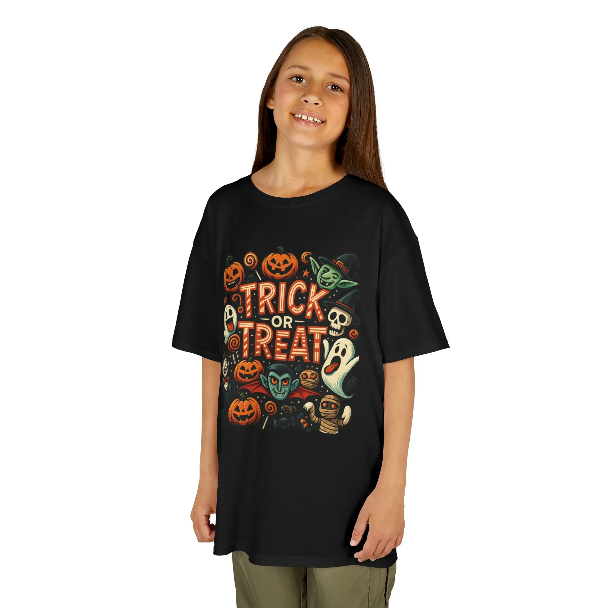 Kids Trick or Treat T-Shirt, Halloween Graphic Tee with Pumpkins, Ghosts & Vampires, Fun Spooky Shirt for Children - Image 2