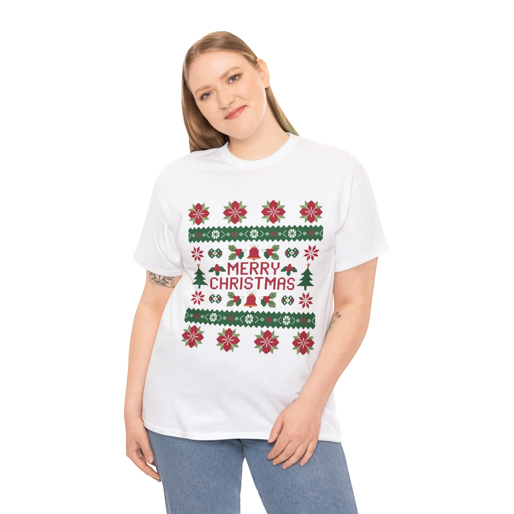 Merry Christmas Women's T-Shirt, Festive Ugly Sweater Style Tee, Classic Holiday Knit Pattern Shirt - Image 3