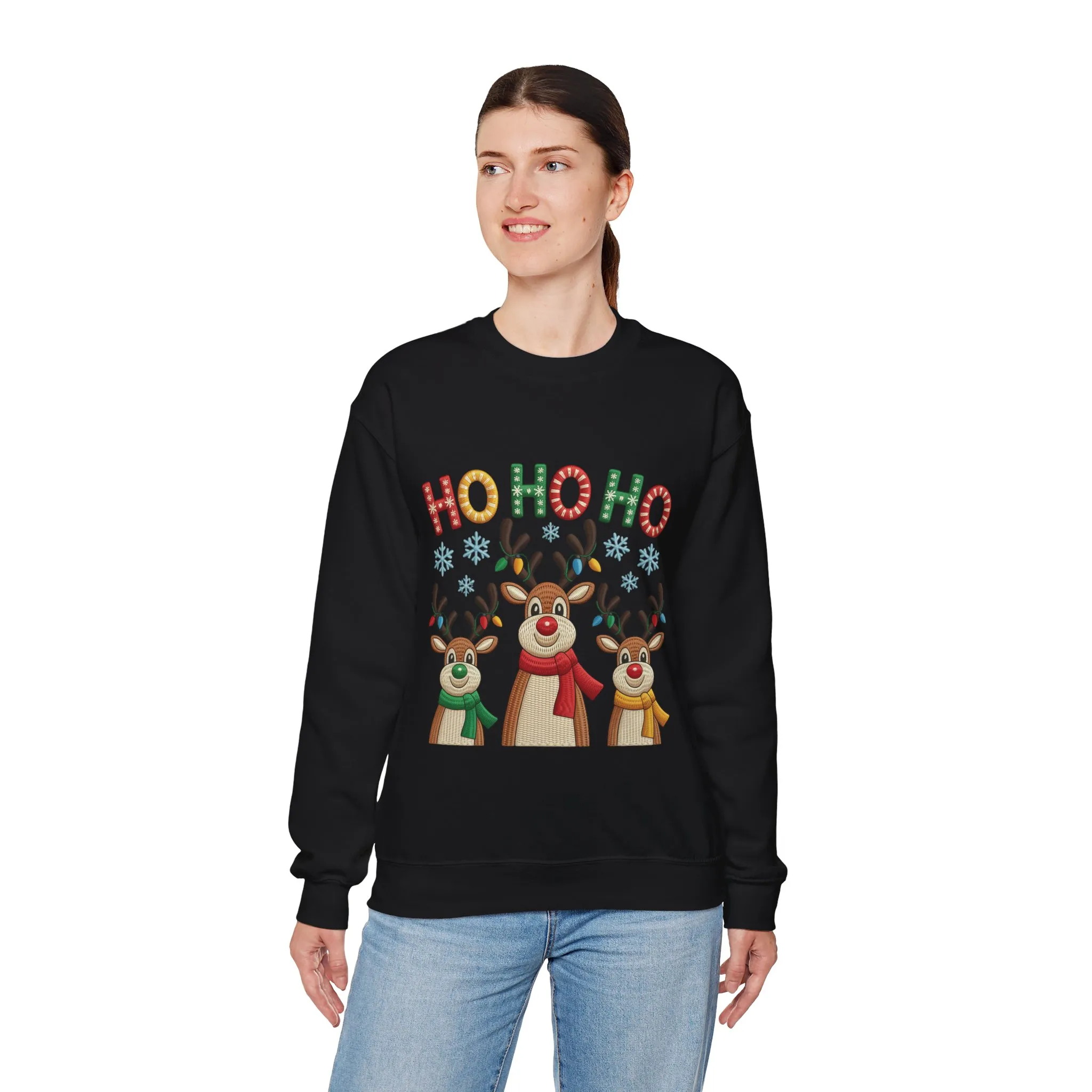 Ho Ho Ho Reindeer Christmas Sweatshirt, Cute Holiday Pullover for Women - Image 9