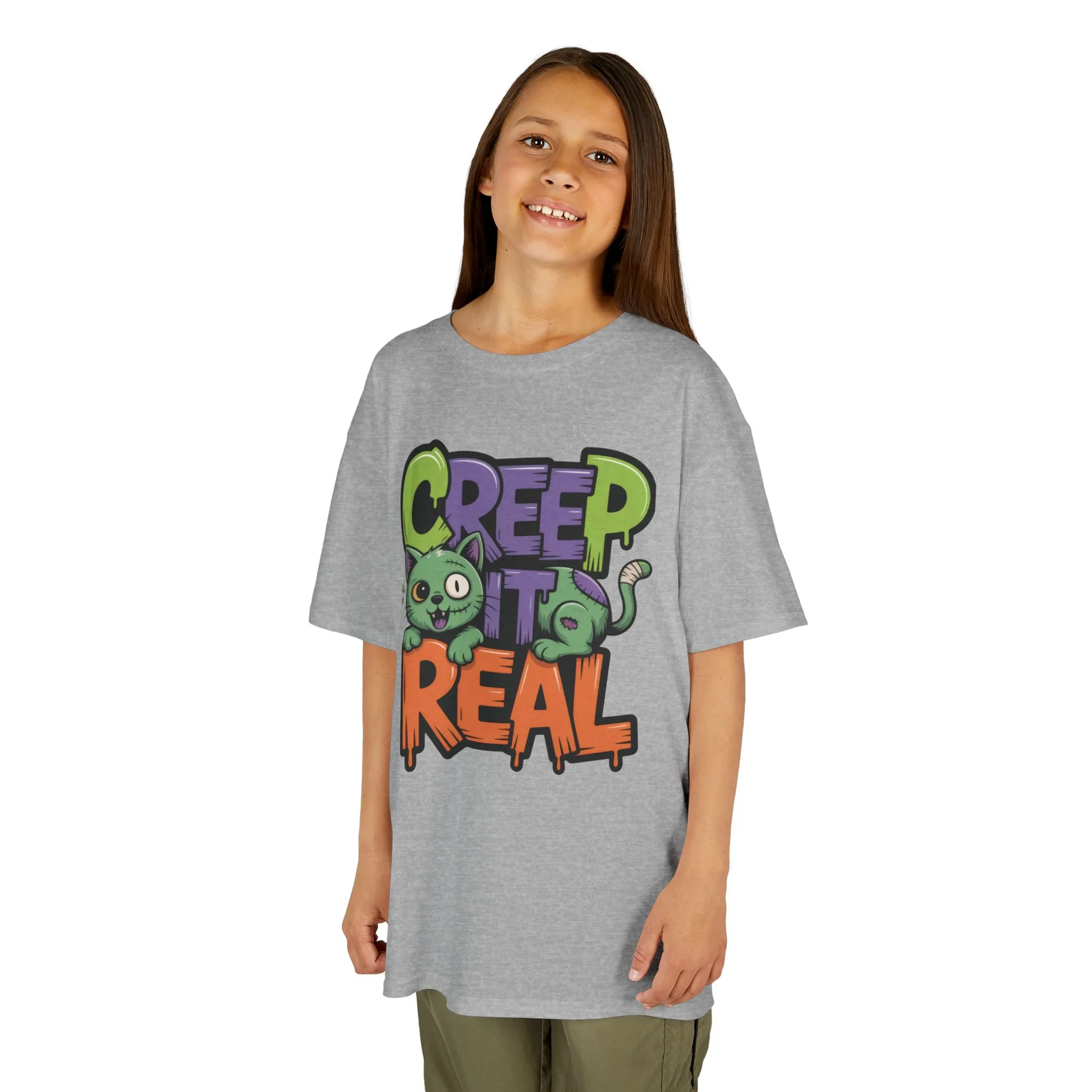 Creep It Real Kids Halloween Shirt, Cute Zombie Cat Graffiti Style T-Shirt for Boys & Girls - Image 8