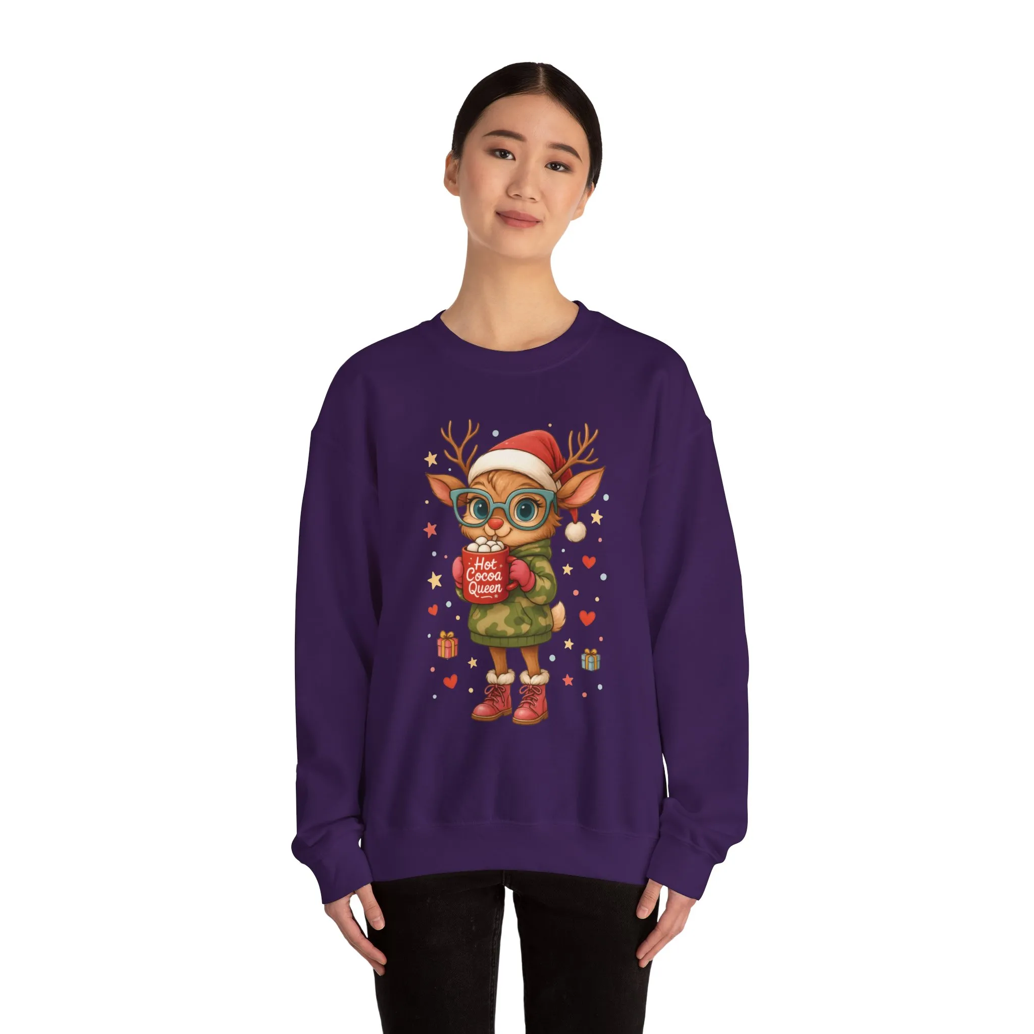 Hot Cocoa Queen Christmas Women's Sweatshirt, Cute Cozy Holiday Reindeer Pullover - Image 20