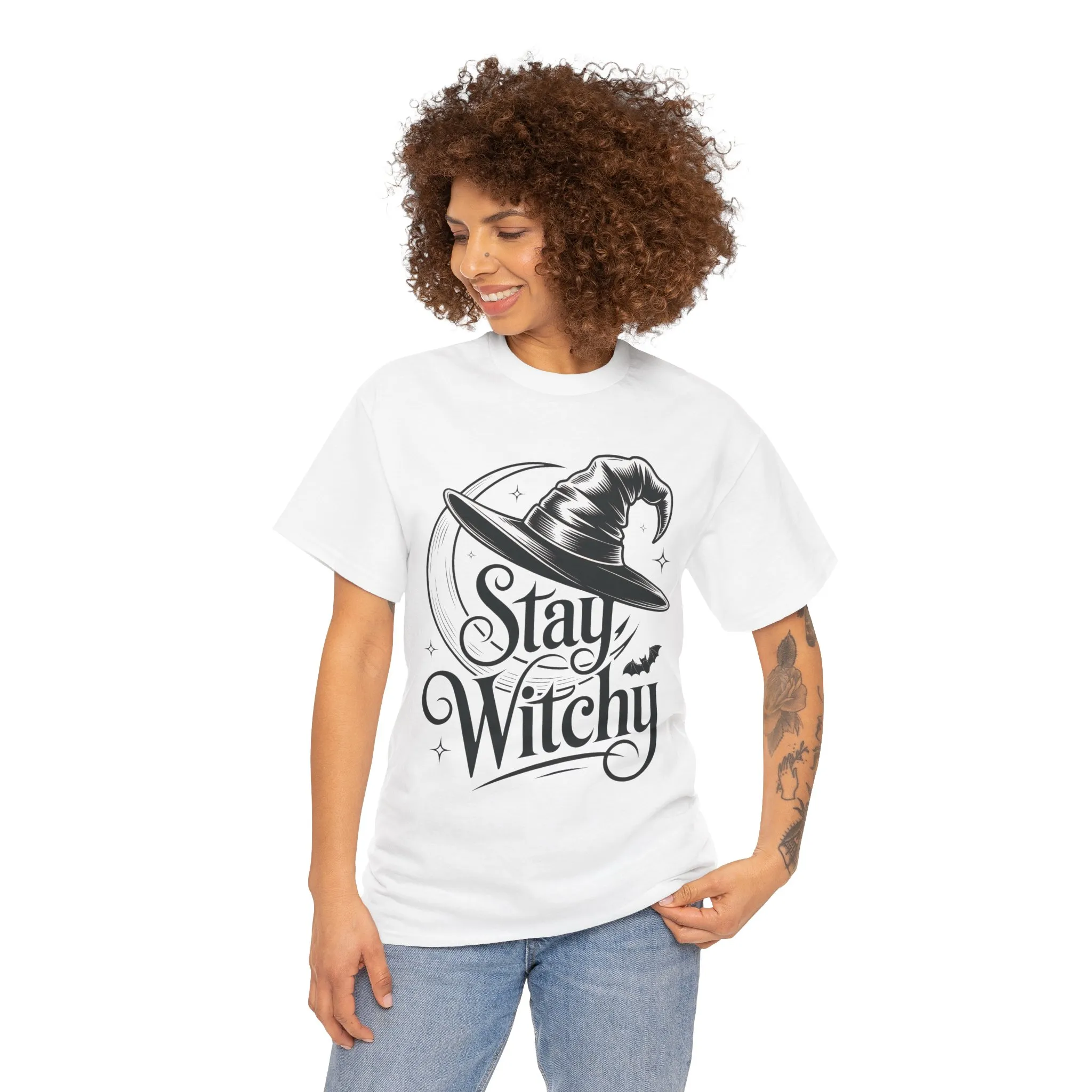 Stay Witchy Gothic Moon Witch Hat Women's T-Shirt, Minimalist Halloween Witchy Graphic Tee - Image 5