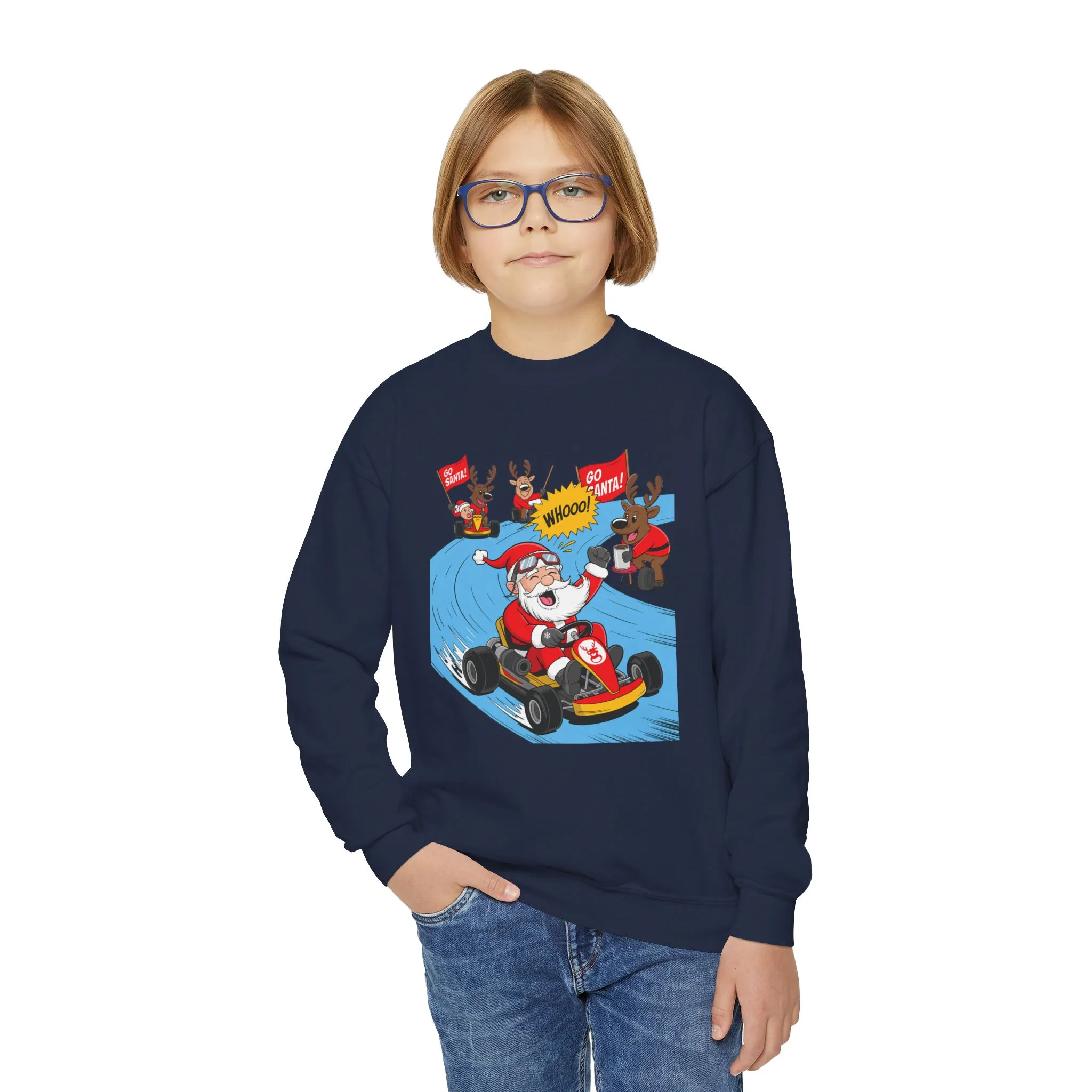 Go Santa Kart Racing Christmas Sweatshirt, Funny Santa - Reindeer Holiday Sweatshirt for Kids, Cute Christmas Jumper, Youth Xmas Gift - Image 14