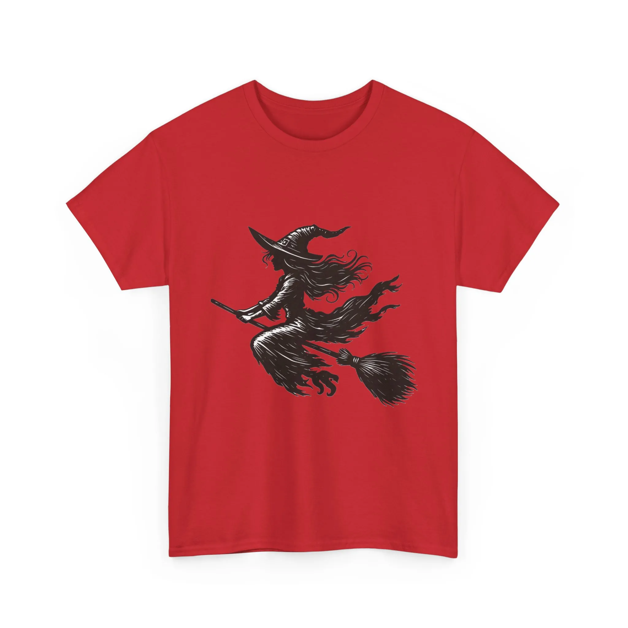 Flying Witch Silhouette Halloween T-Shirt for Women, Vintage Witch on Broom Tee, Spooky Gothic Fall Shirt, Minimal Black Witch Top - Image 2
