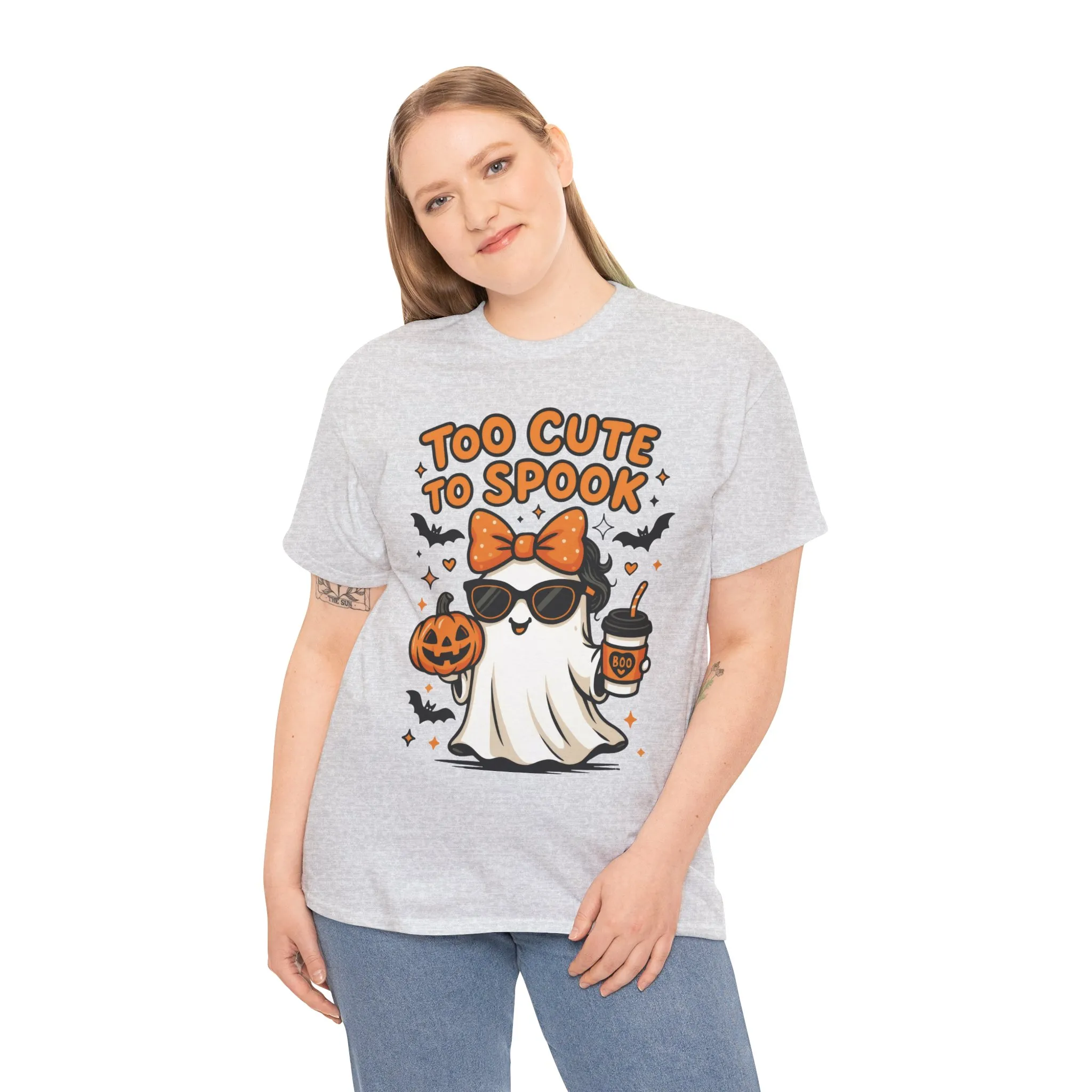 Too Cute To Spook Women's T-Shirt, Cute Ghost Pumpkin Coffee Halloween Graphic Tee - Image 6
