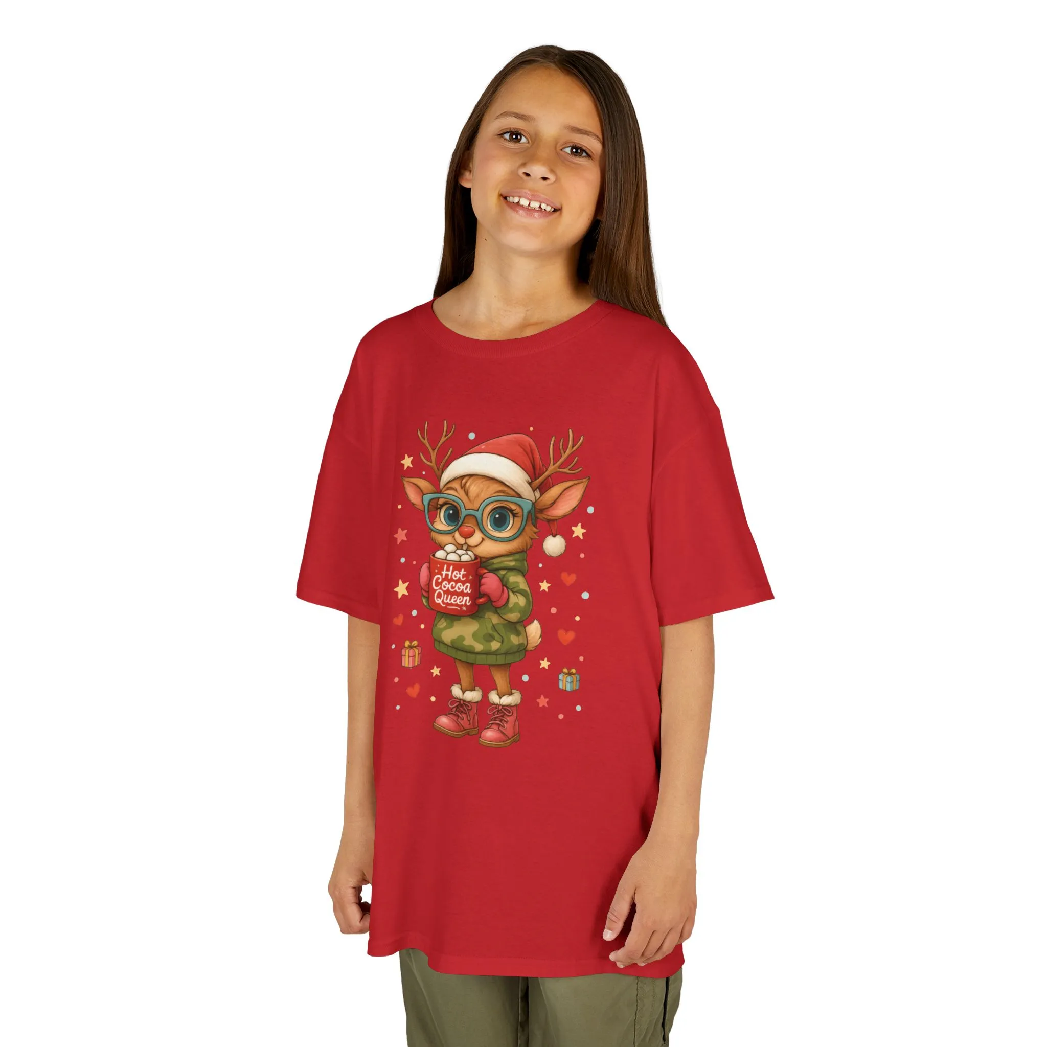 Hot Cocoa Queen Christmas T-Shirt for Girls, Cute Holiday Reindeer Tee - Image 20