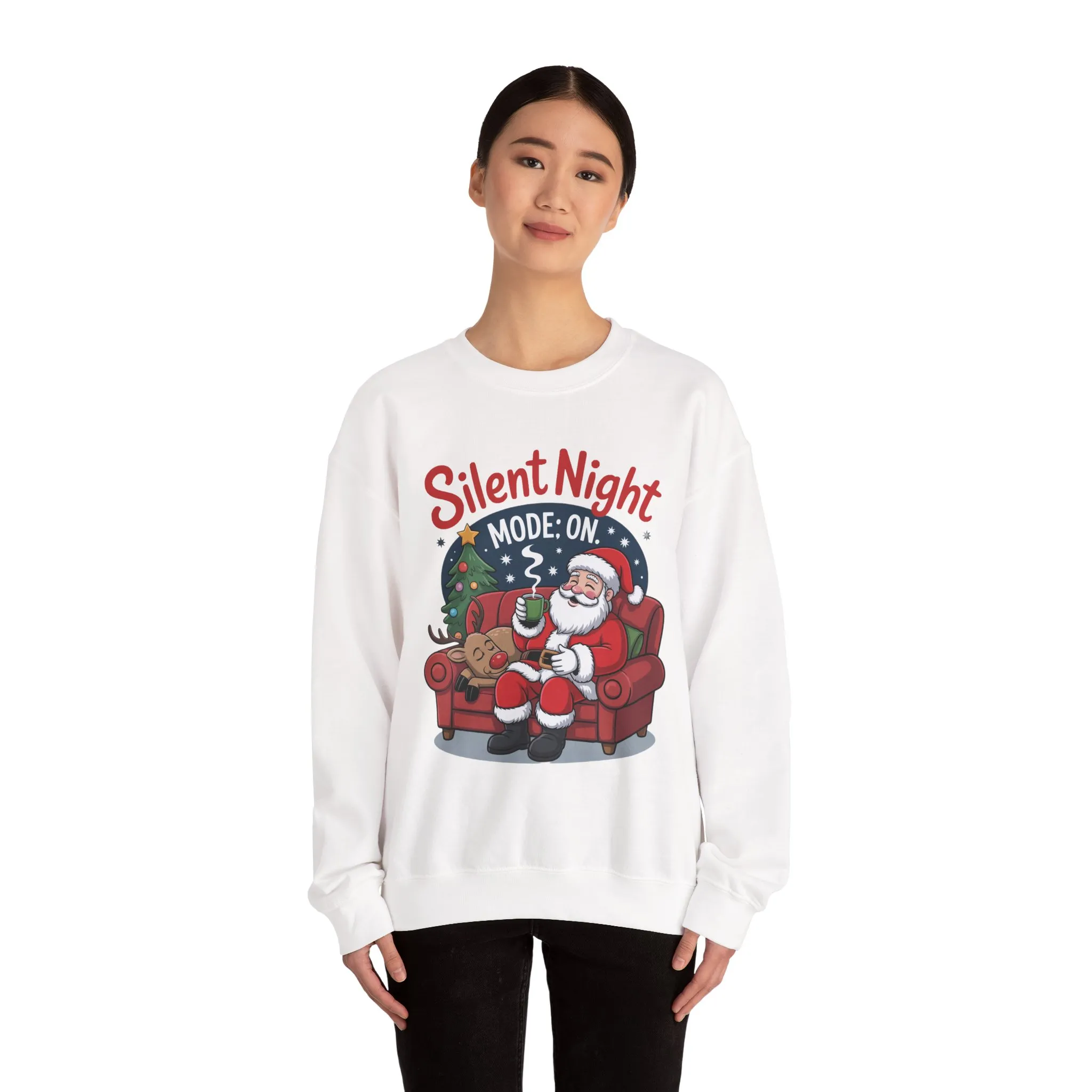 Silent Night Mode On Christmas Sweatshirt, Funny Relaxed Santa - Reindeer Sweater, Cozy Holiday Jumper for Women - Image 5