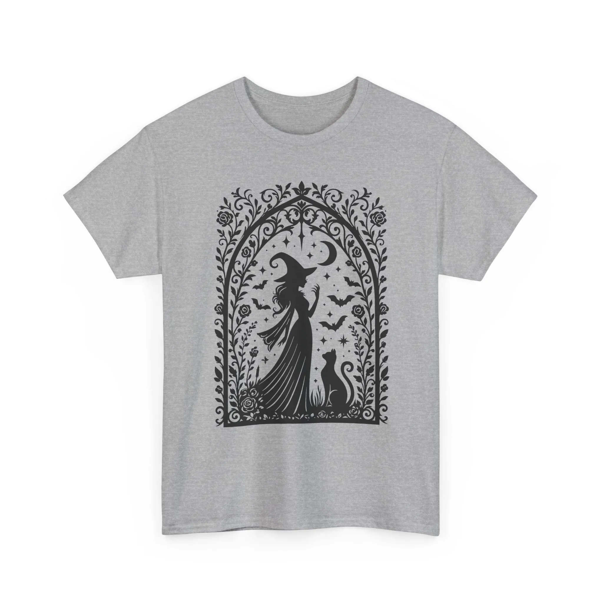 Gothic Witch & Cat Women's T-Shirt, Elegant Halloween Moon Silhouette Witchy Graphic Tee - Image 7