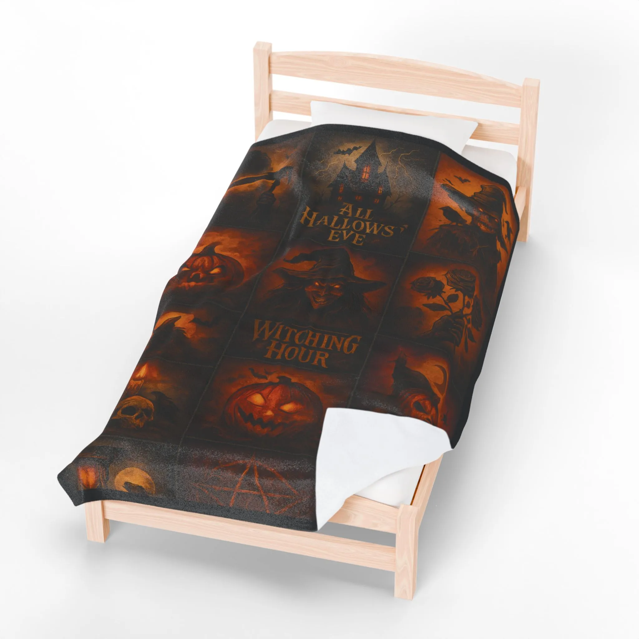 Gothic Halloween Velveteen Plush Blanket, Dark Fantasy Horror Throw, All Hallows Eve Witch Pumpkin Skull Blanket, Spooky Gothic Home Decor - Image 5
