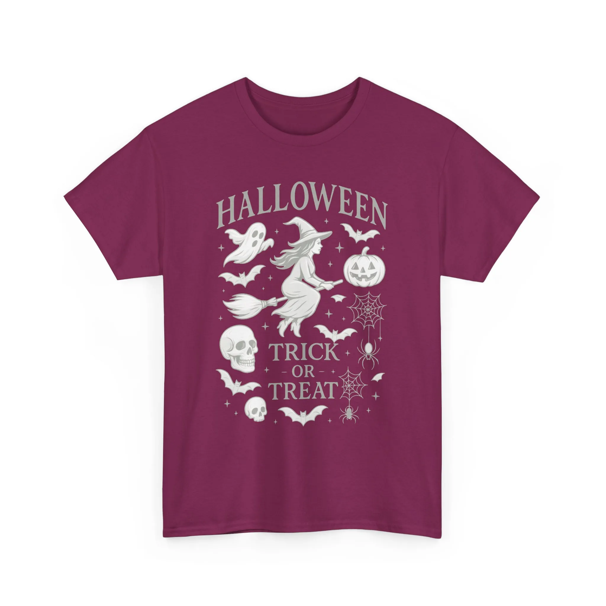 Halloween Witch Flying Broomstick T-Shirt, Trick or Treat Ghost Pumpkin Skull Spider Web Women's Tee - Image 2