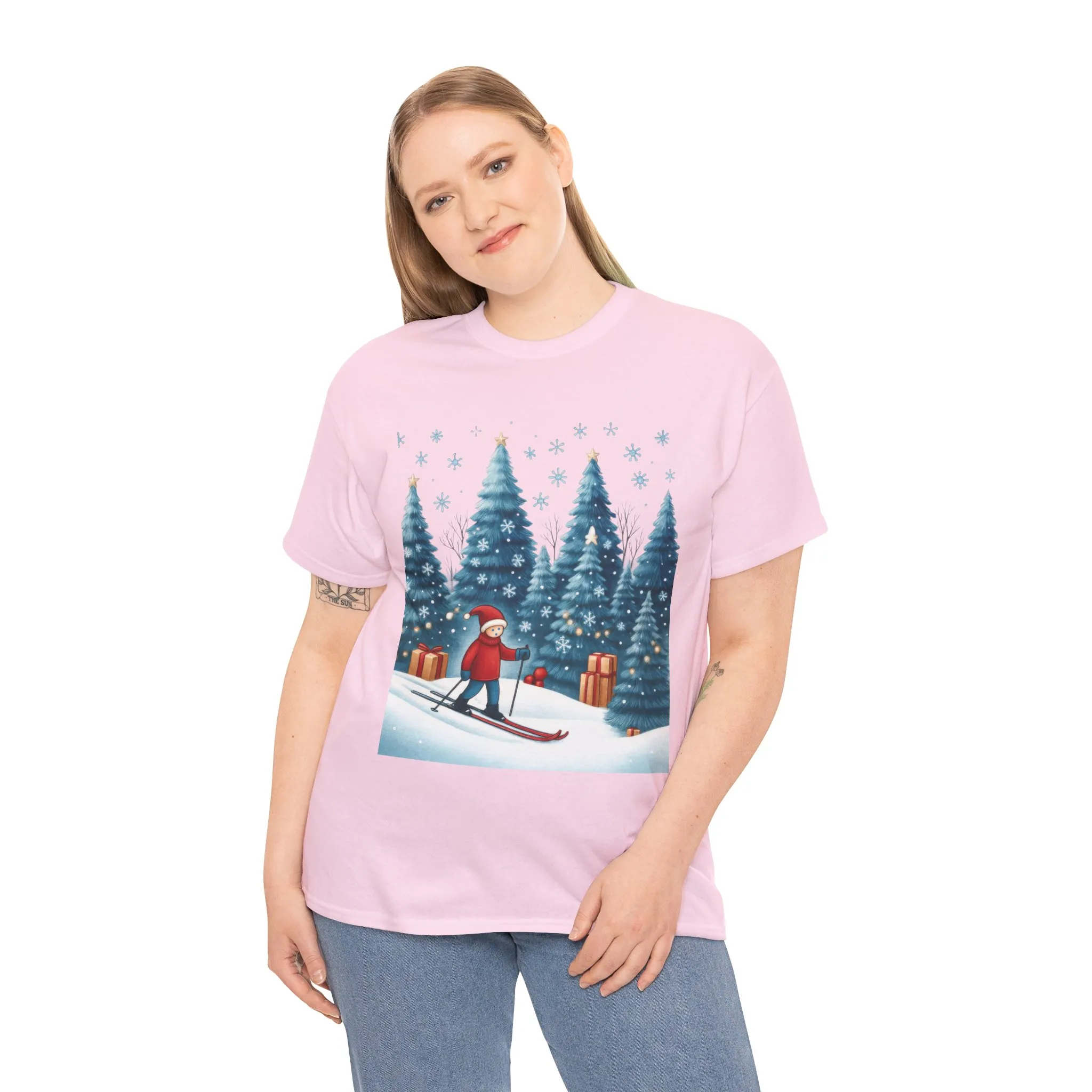 Womens Cute Winter Holiday Graphic Tee, Christmas Skiing T-Shirt, Women's Heavy Cotton Tee - Image 24