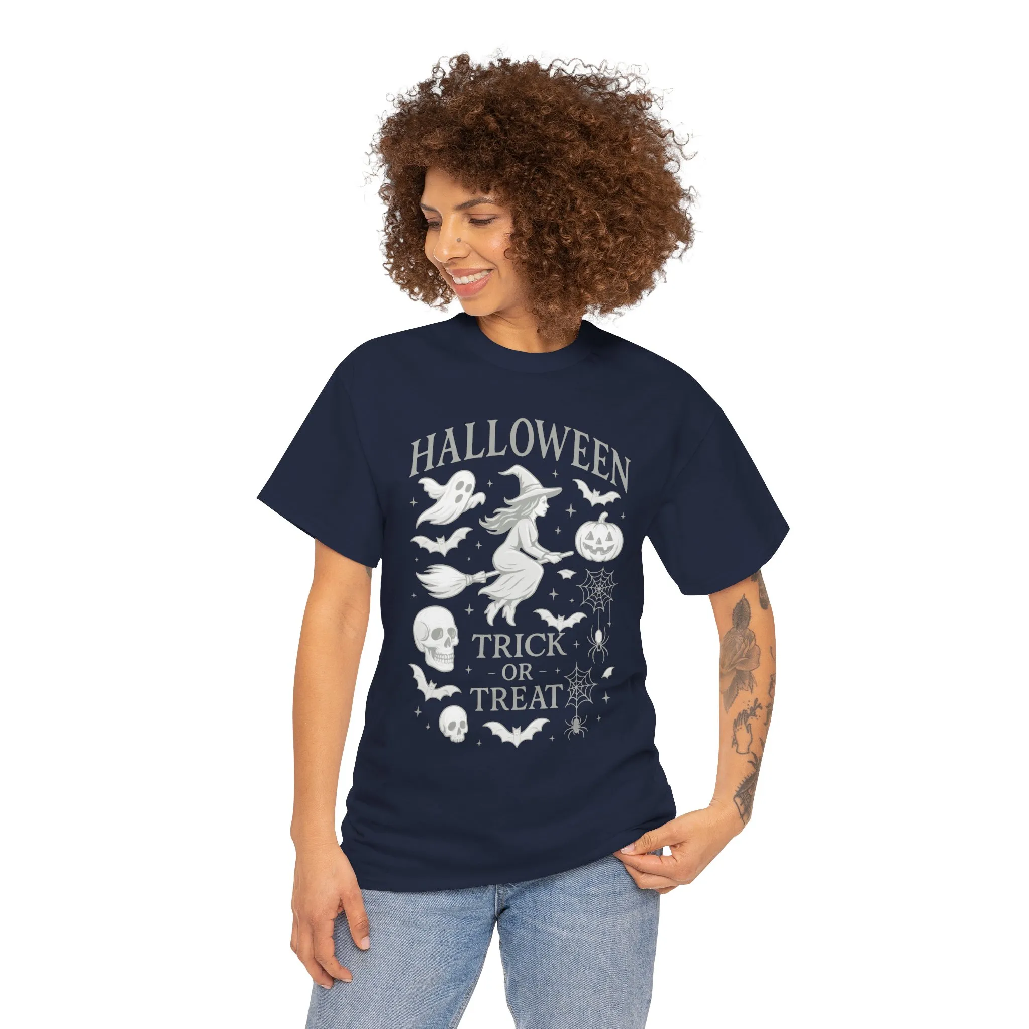 Halloween Witch Flying Broomstick T-Shirt, Trick or Treat Ghost Pumpkin Skull Spider Web Women's Tee - Image 20