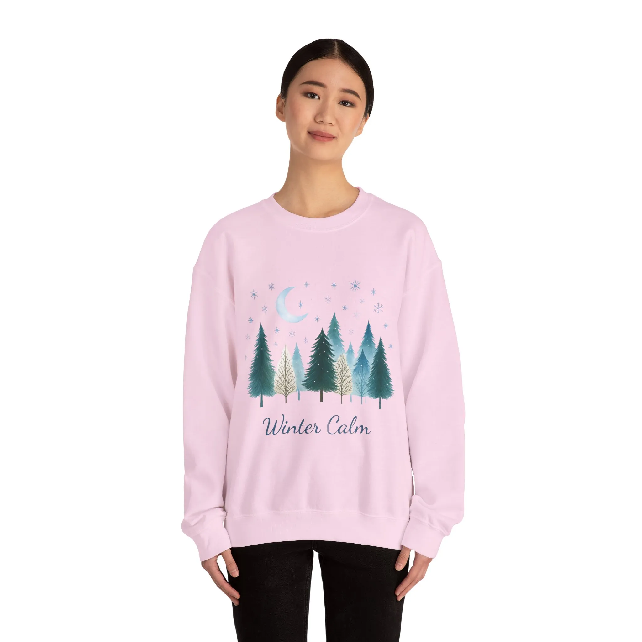 Winter Calm Sweatshirt, Minimalist Christmas Forest Pullover, Serene Winter Moon Scene Sweater for Women - Image 23
