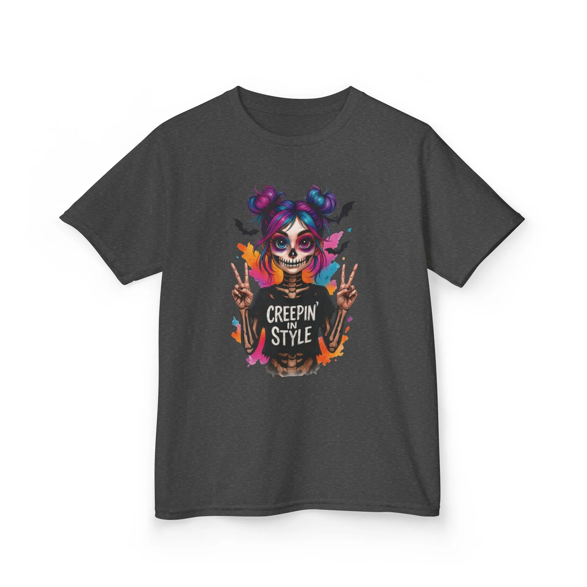 Creepin' in Style Kids Halloween T-Shirt, Colorful Skeleton Girl Design, Cute Spooky Shirt for Trendy Girls - Image 7