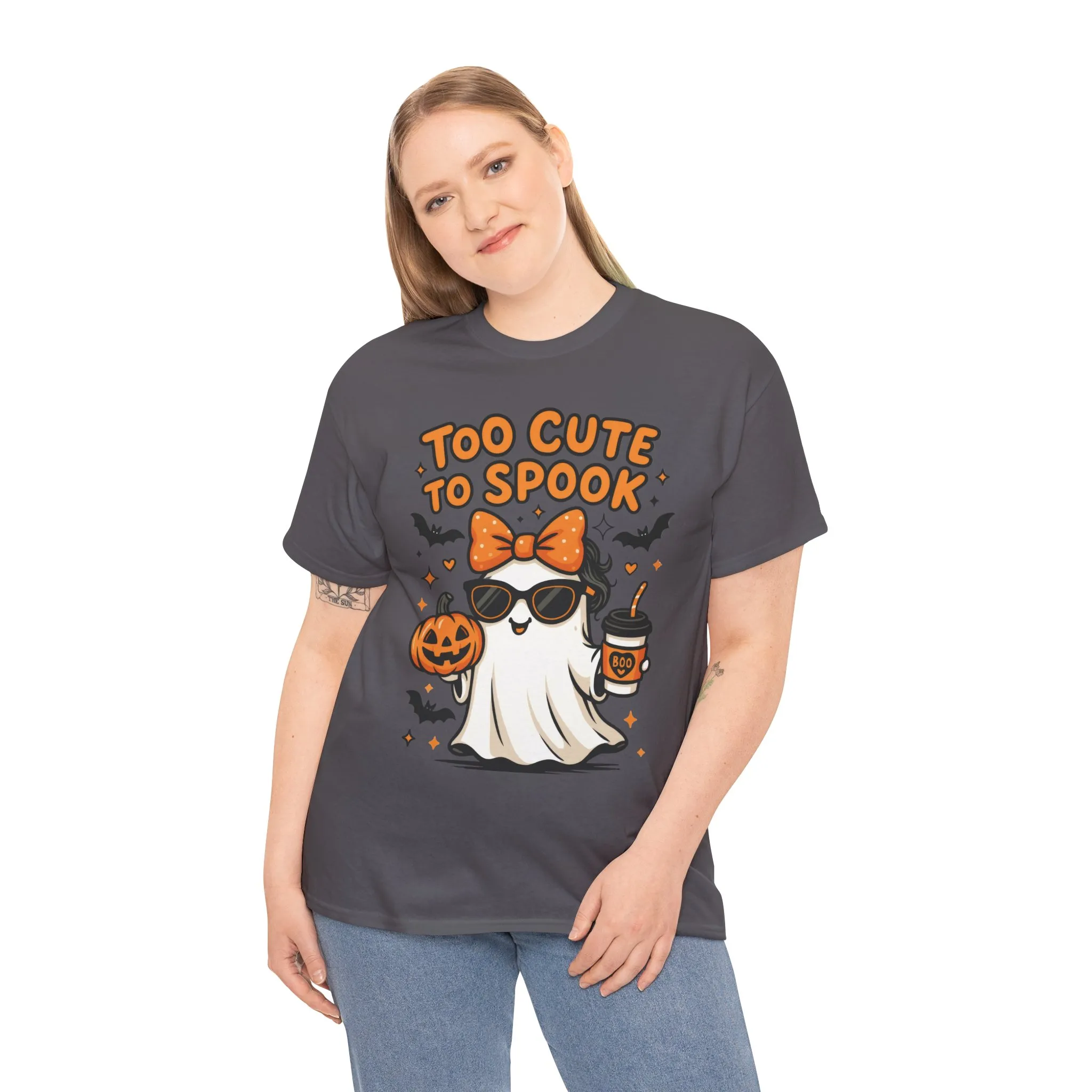 Too Cute To Spook Women's T-Shirt, Cute Ghost Pumpkin Coffee Halloween Graphic Tee - Image 15