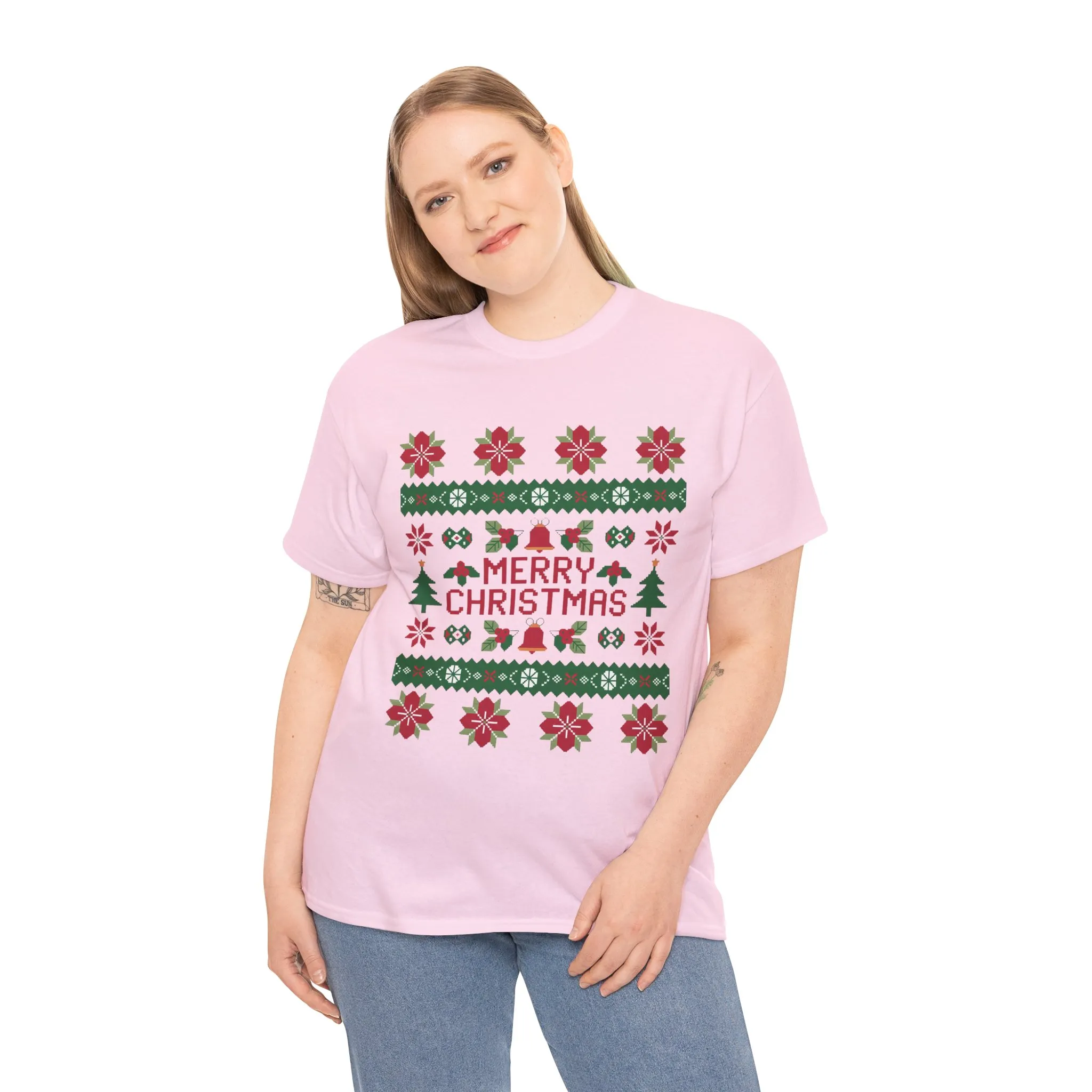 Merry Christmas Women's T-Shirt, Festive Ugly Sweater Style Tee, Classic Holiday Knit Pattern Shirt - Image 6