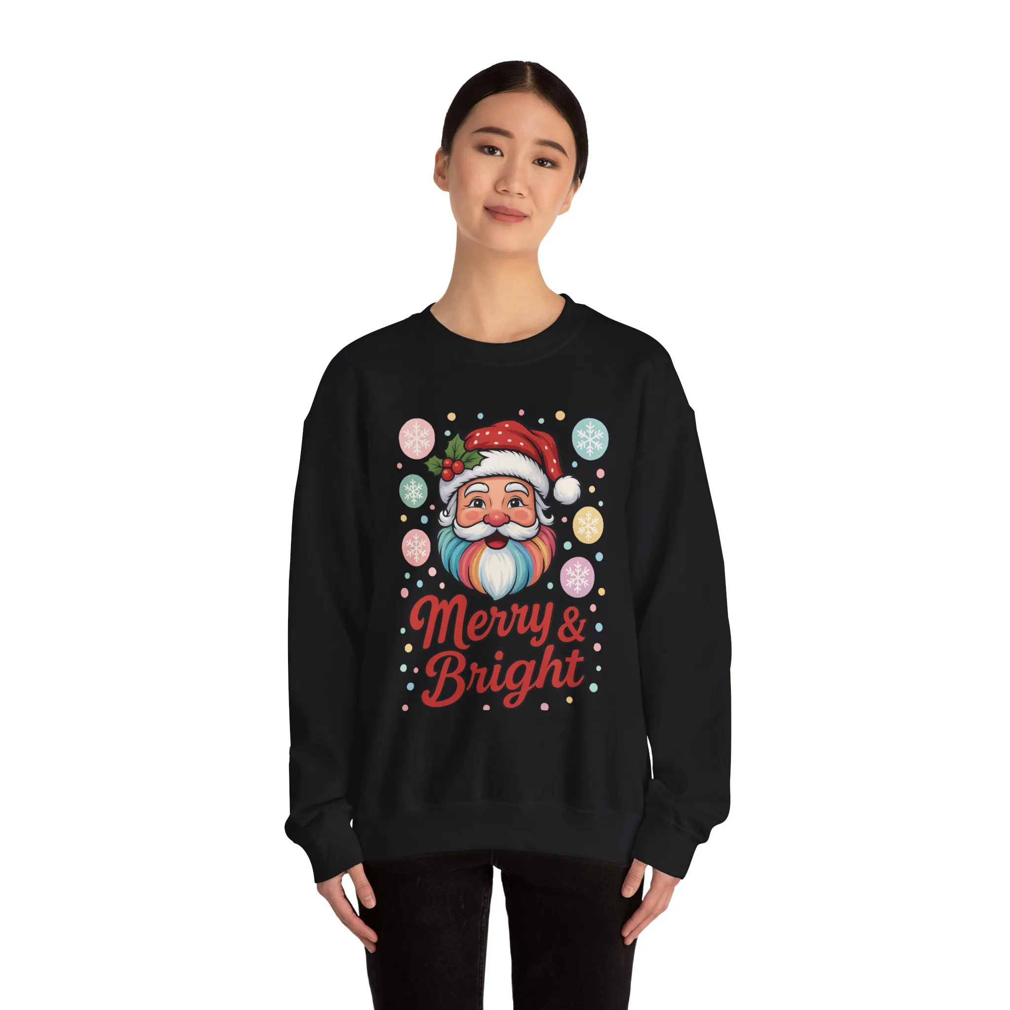 Merry - Bright Santa Christmas Sweatshirt, Retro Pastel Holiday Jumper, Cute Santa Sweater for Women - Image 5