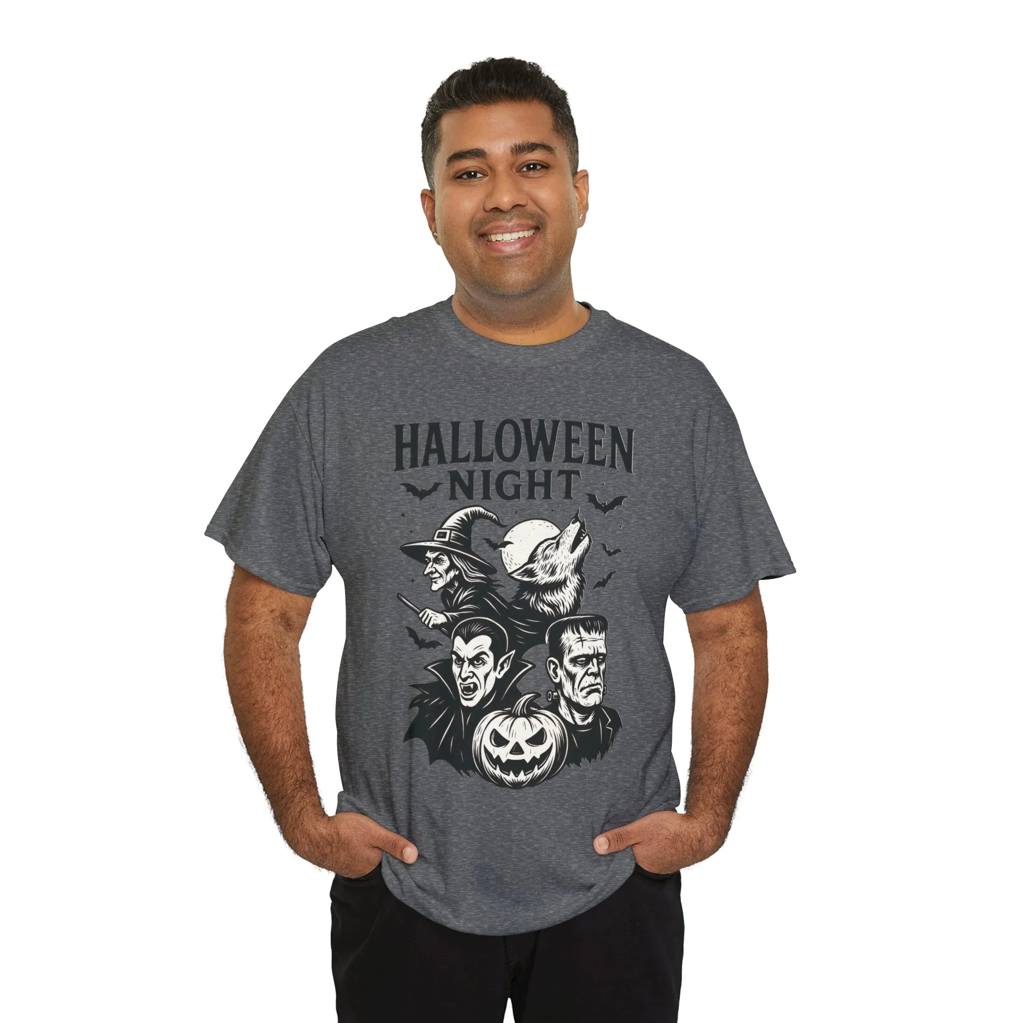 Halloween Night Men's T-Shirt, Classic Monsters Graphic Tee, Witch, Vampire, Frankenstein, Werewolf - Image 18